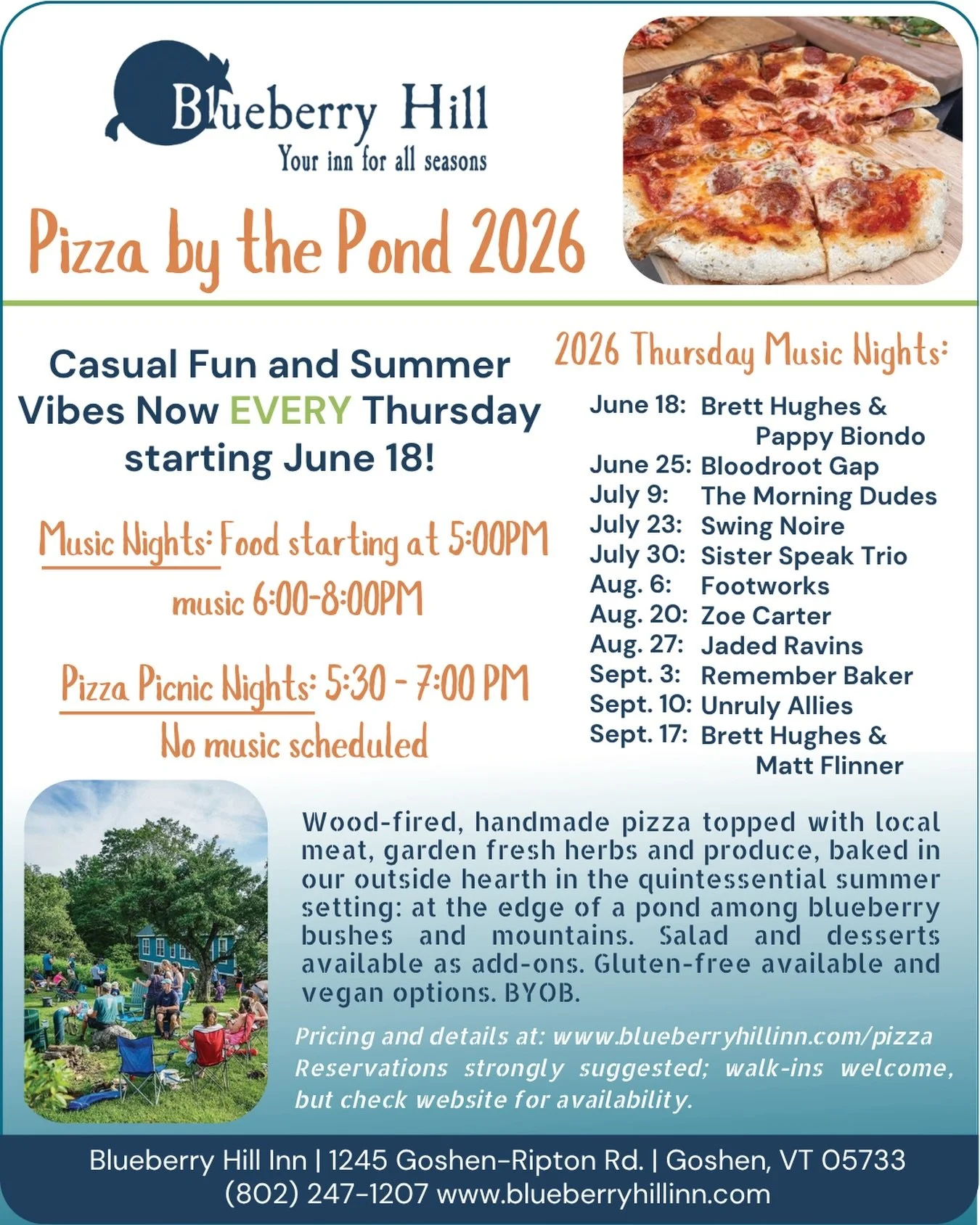 Pizza by the Pond starting ✨June 18th✨

🍕Handmade pizza featuring the freshest ingredients from our friends at @acornfoodnetwork 

🎶Many evenings featuring music, such as
@brettrocknehughes 
@yppap 
@bloodrootgap 
@themorningdudes 
@swingnoire 
@si