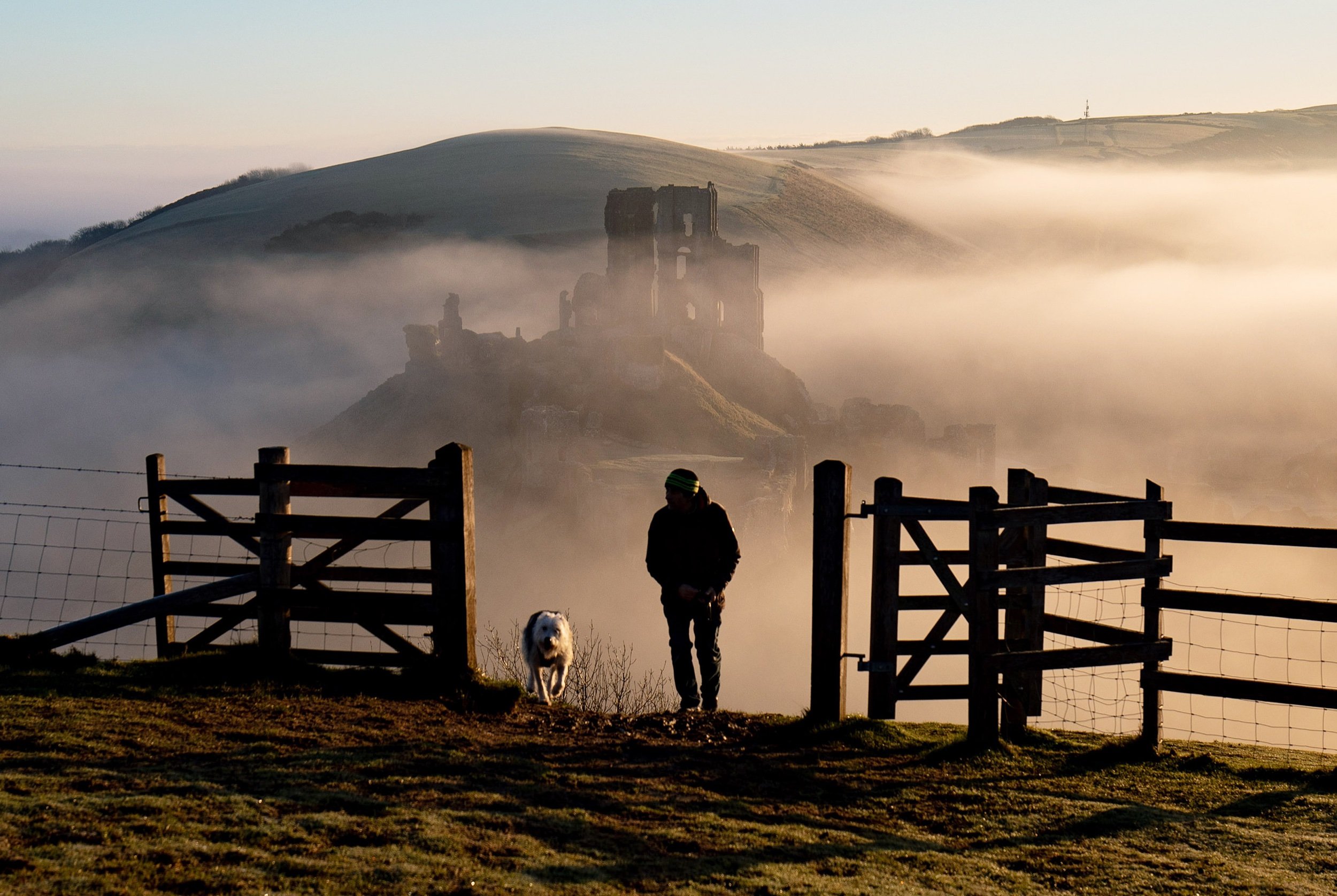 A misty Corfe Castle Sunrise
