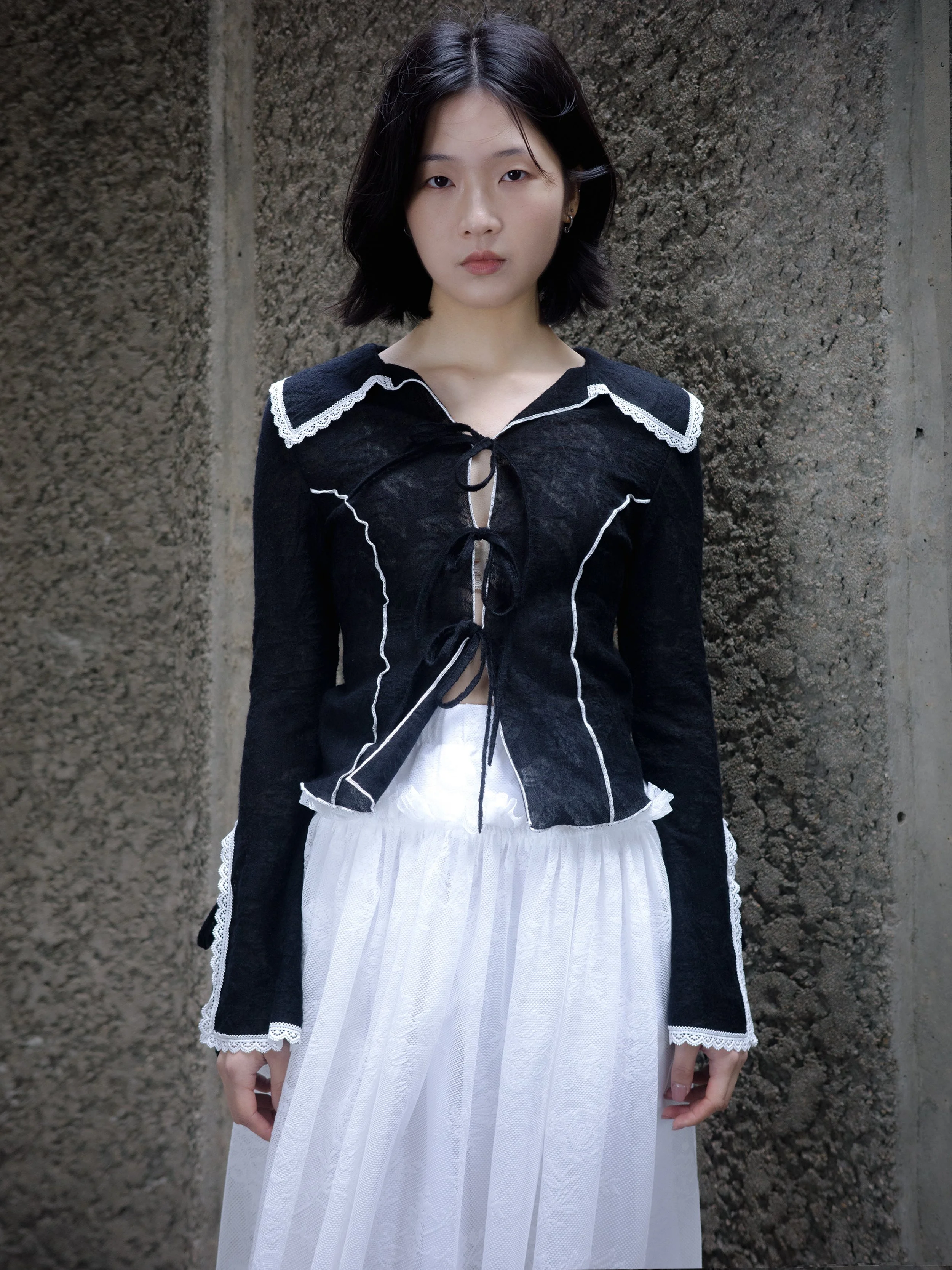 Chloe Lace Trim Tie Shirt /Black