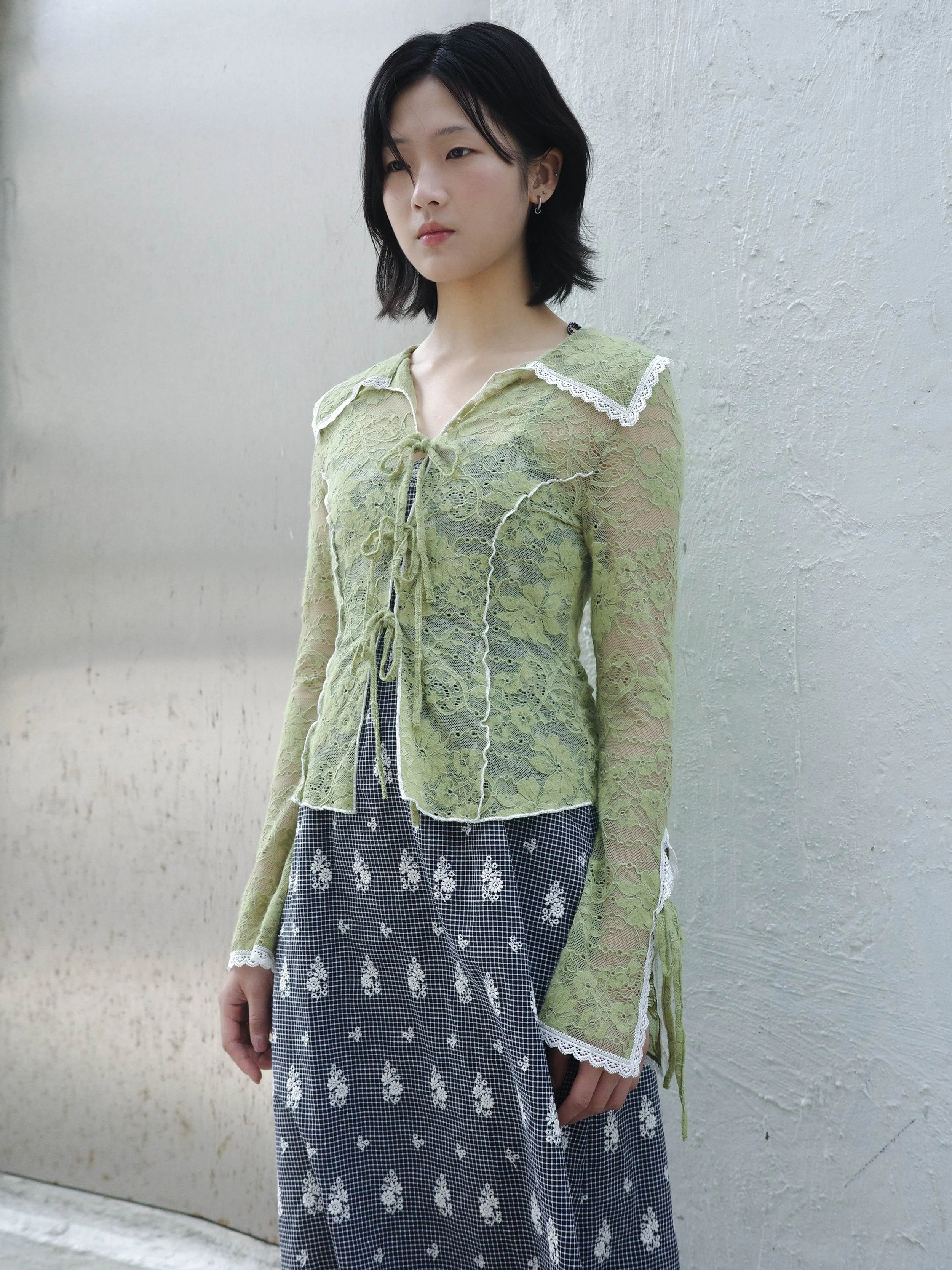 Chloe Lace Trim Tie Shirt /Green