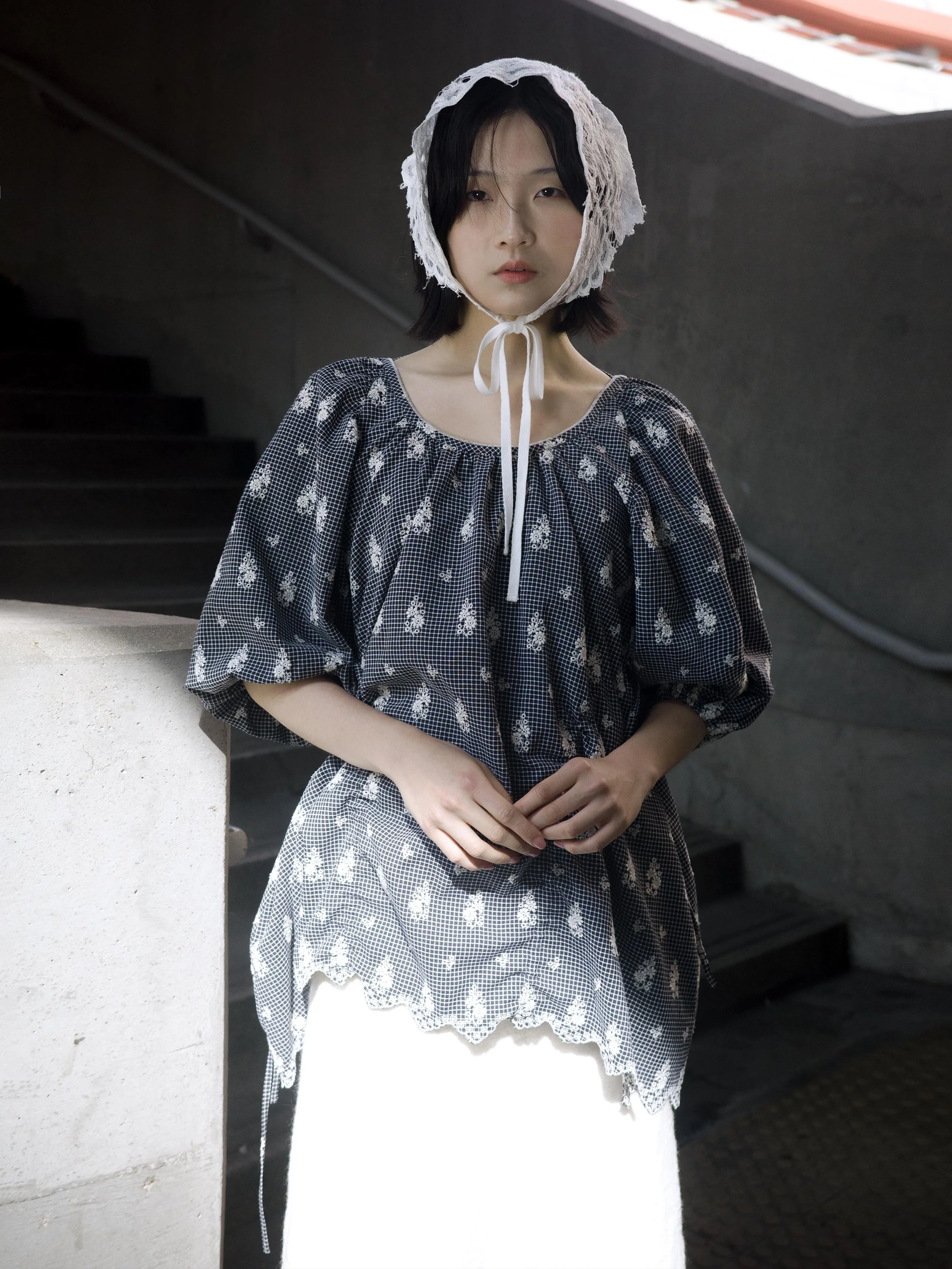 Rochelle Puff Sleeves Blouse /Embroidered Check