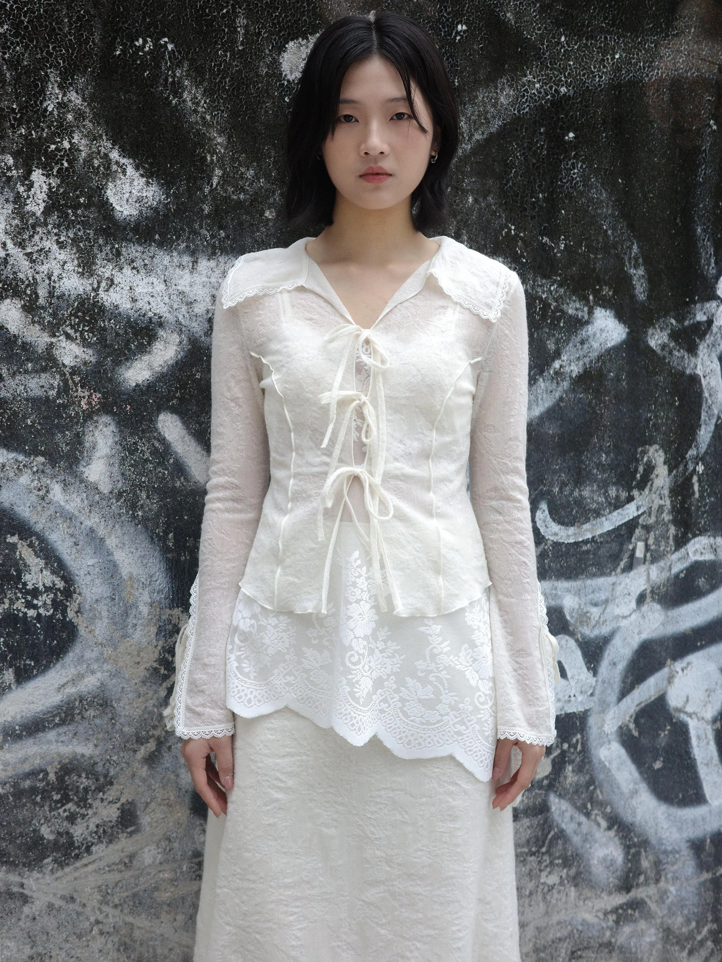 Chloe Lace Trim Tie Shirt /Ivory