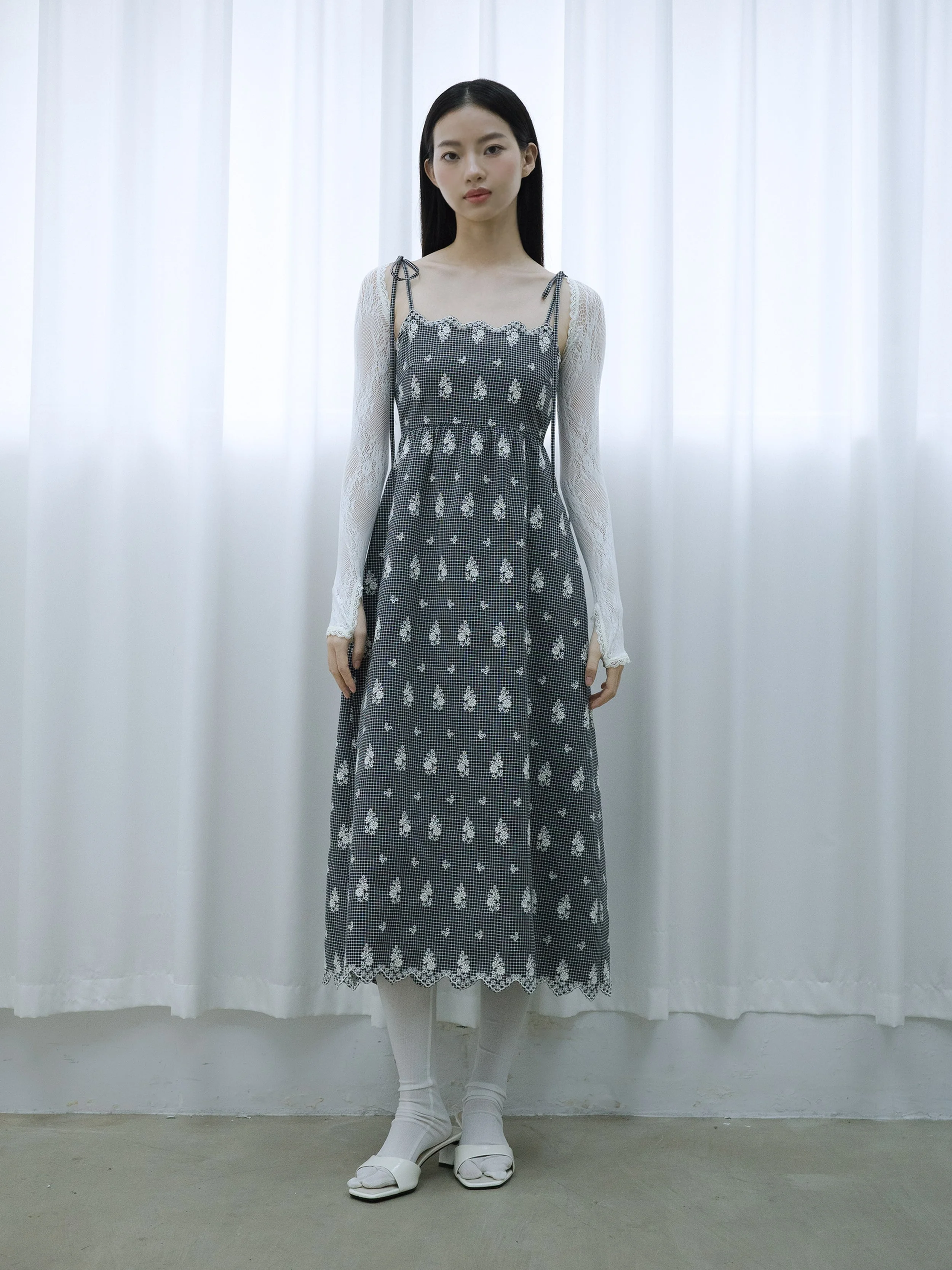 Simone Open-Back Slip Dress /Embroidered Check