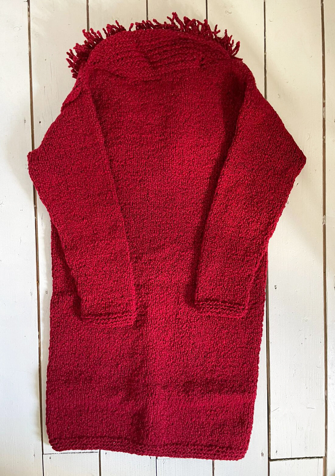 Pachamama Red Shaggy Collar Long Cardigan — The Preloved Edit