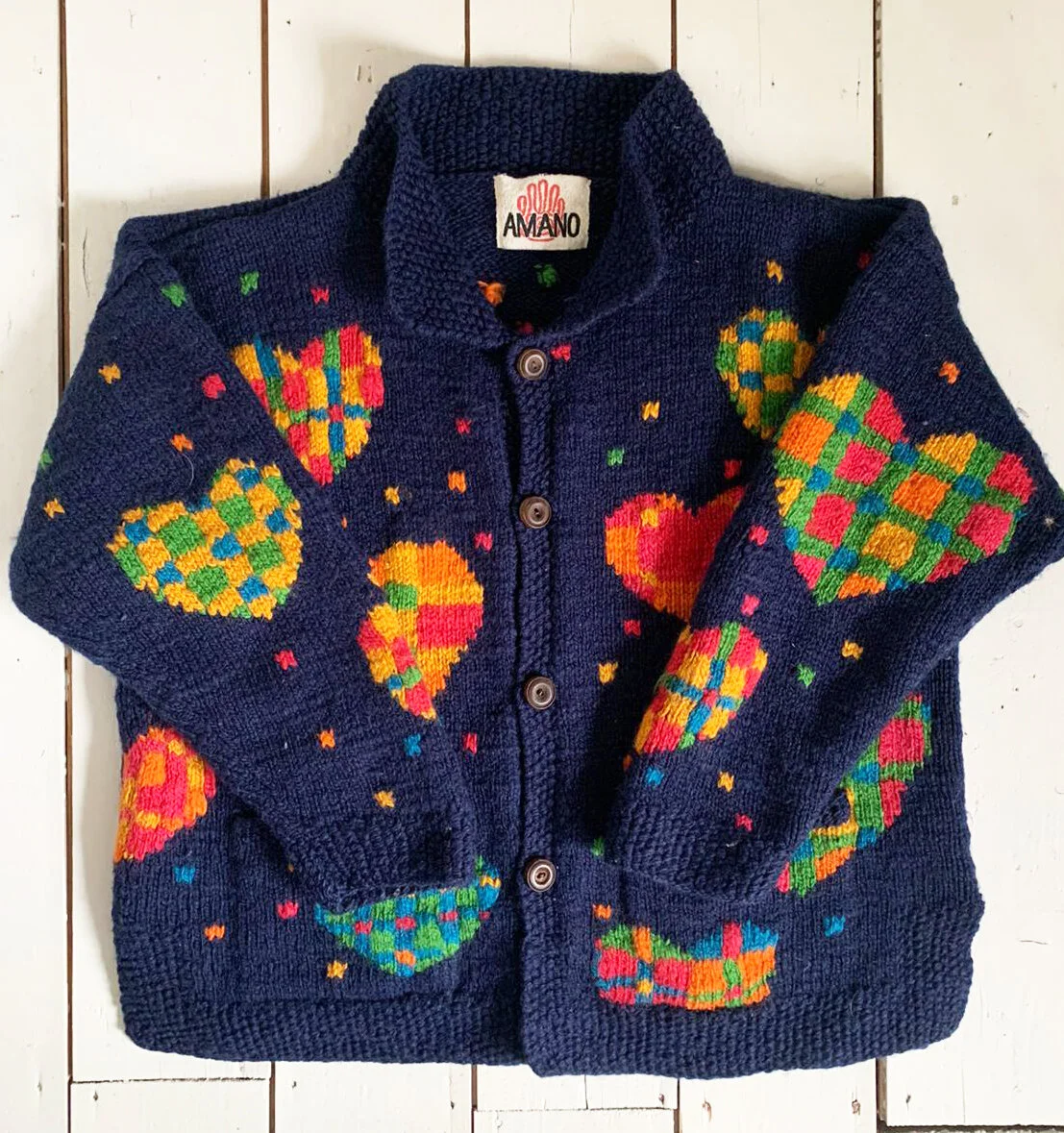 Amano Navy Heart Motif Wool Cardigan — The Preloved Edit