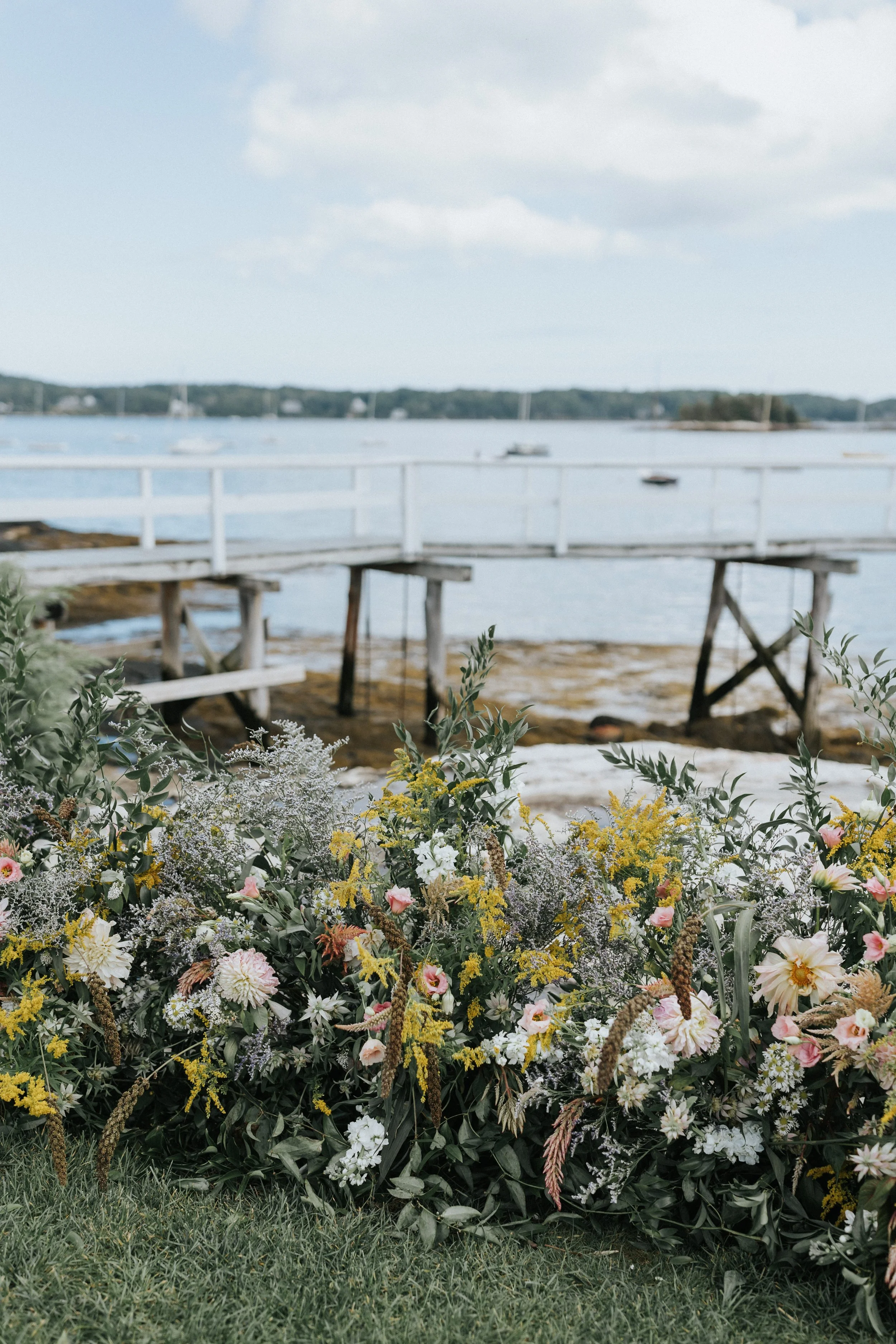 Textural Wild Flowers and Dahlias for a Mid Summer Wedding at Boothbay Harbor Maine 