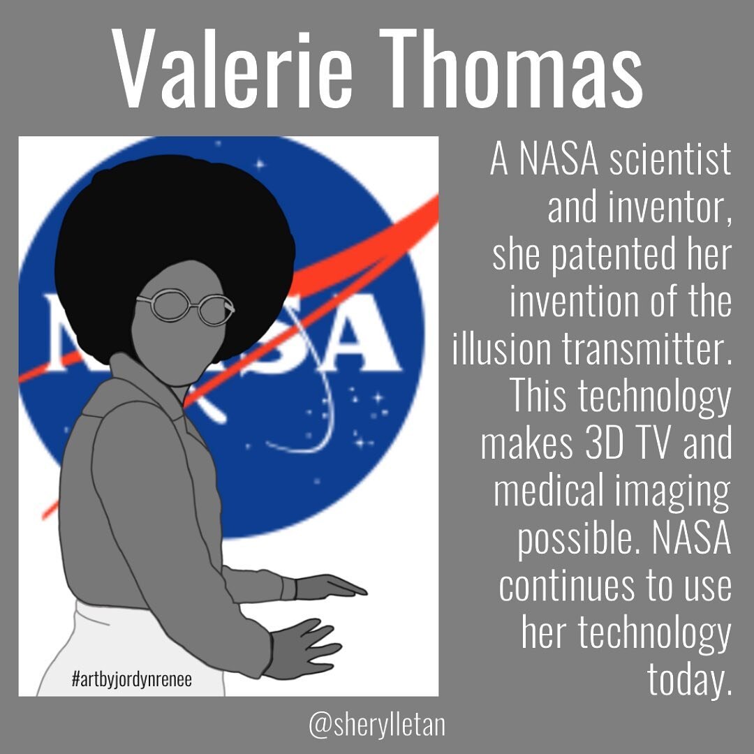 Valerie Thomas, a NASA scientist and inventor,&nbsp; patented her invention of the illusion transmitter. This early technology makes 3D TV and medical imaging possible. NASA continues to use her technology today. 
Illustration: #artbyjordynrenee

#wo