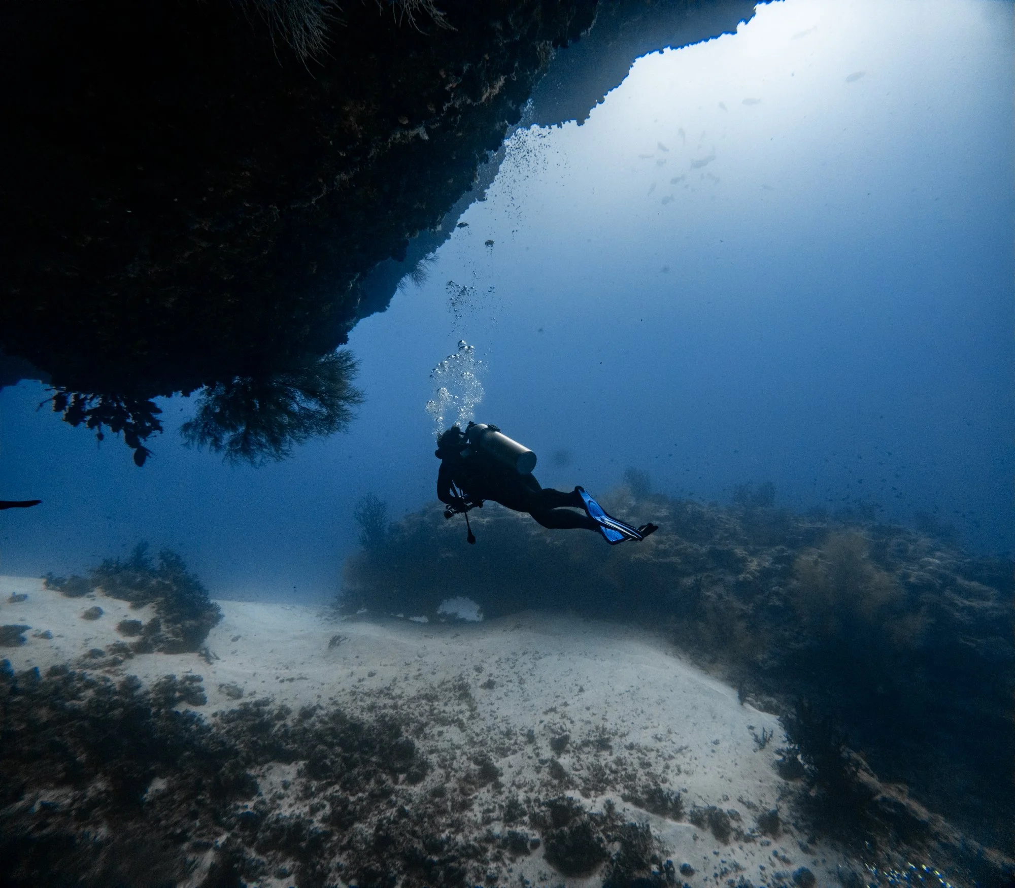 Scuba divers swimming through a shadowed reef passage in the Maldives.