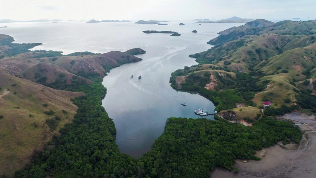 Aerial view of rugged islands and sheltered bays in Komodo National Park