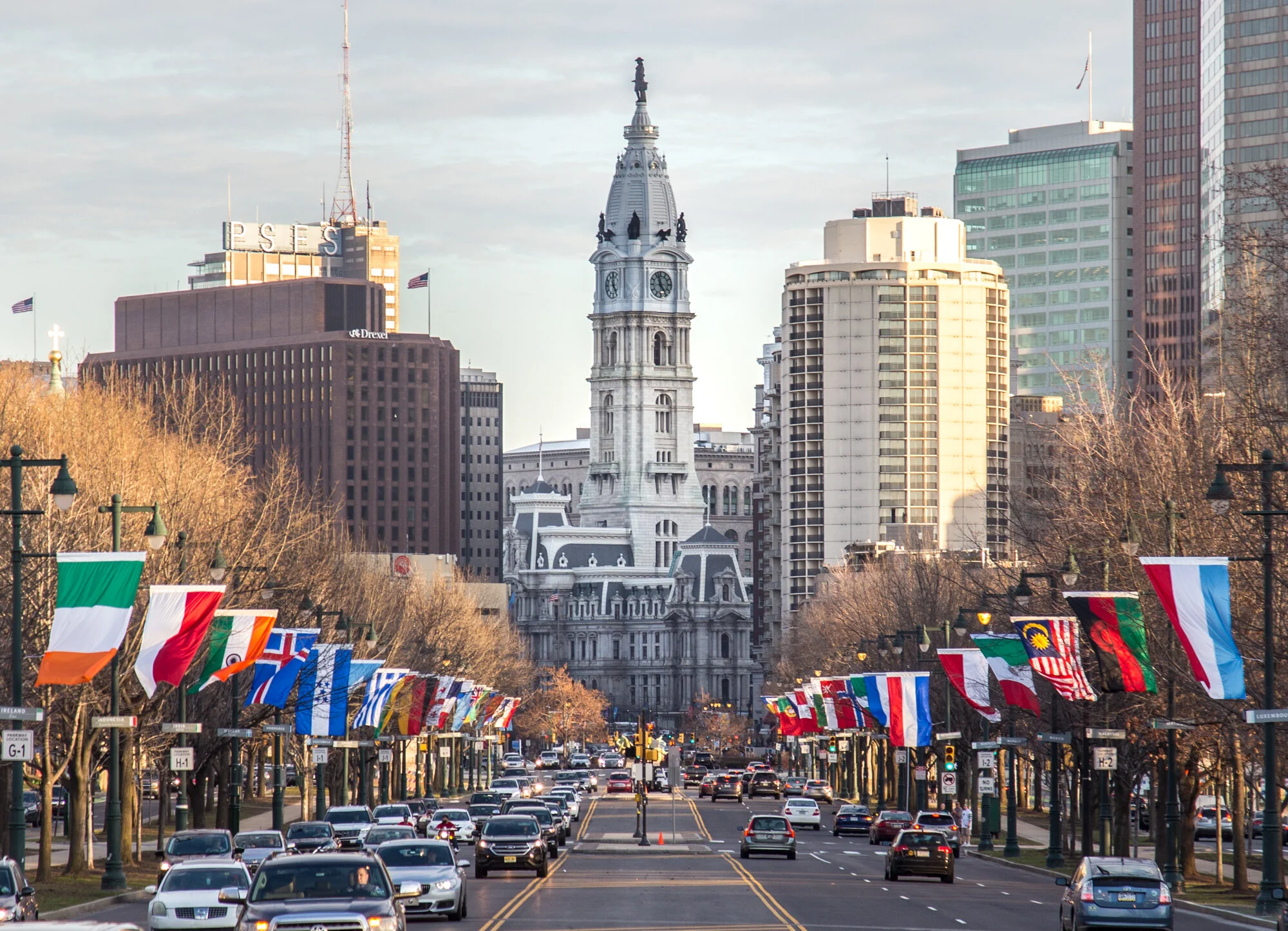 Downtown Philadelphia skyline viewed from the museum district
