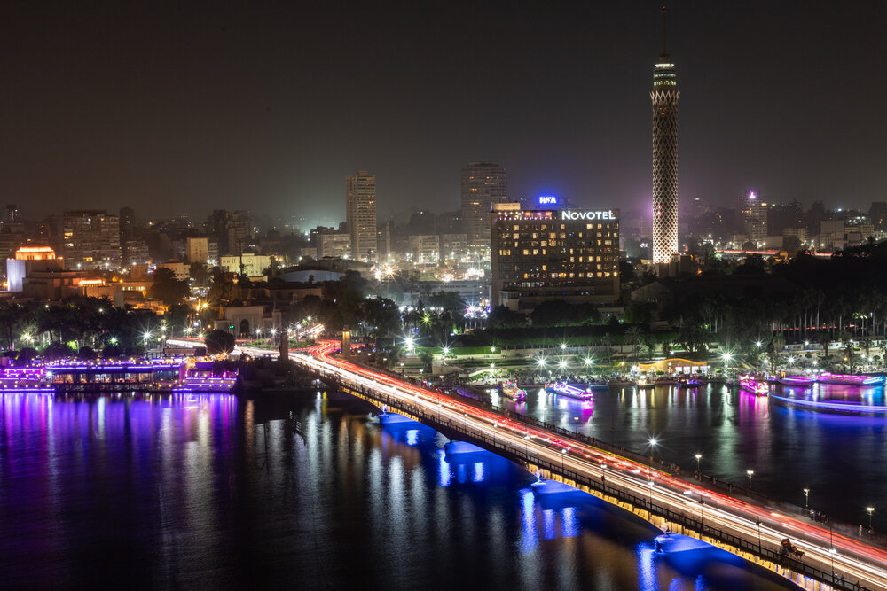 Night views of the Nile and the Cairo Tower from the Intercontinental Semiramis