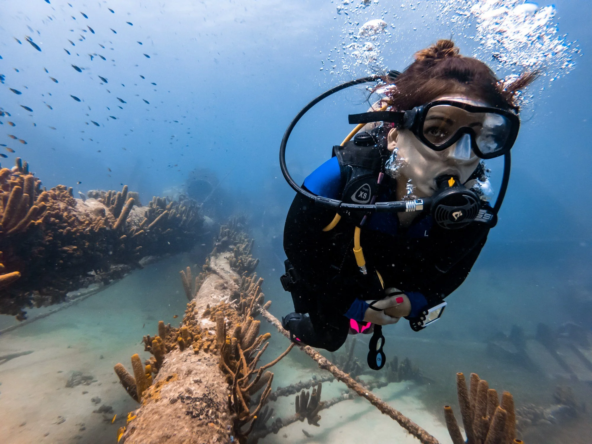 Scuba diver beside coral-covered wreckage in Aruba