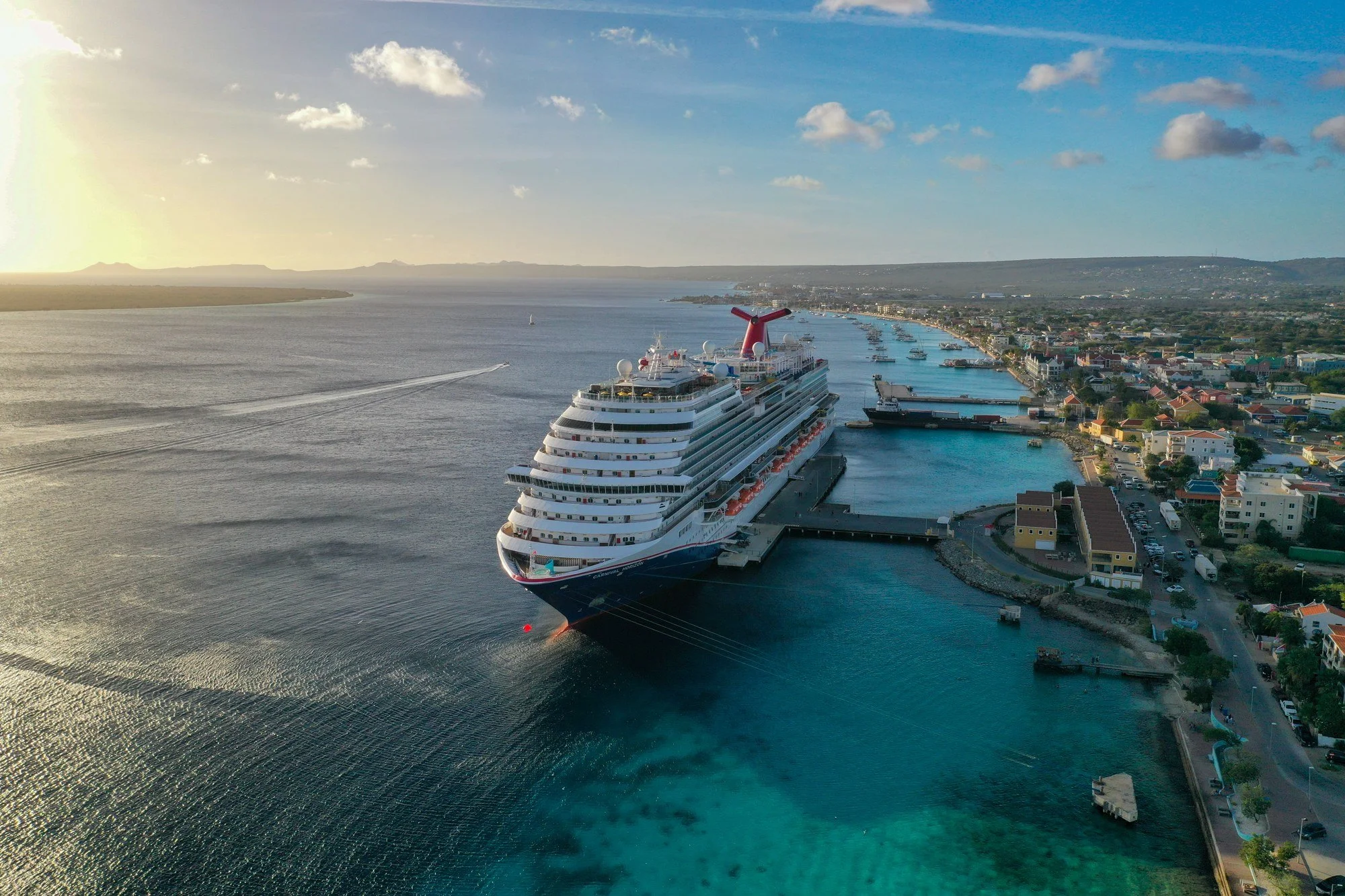 Carnival Horizon docked along the Bonaire coast in evening light
