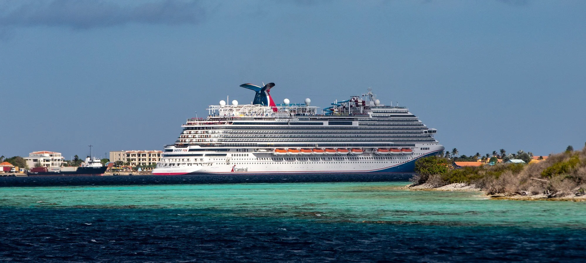 Carnival Horizon beyond the reef-lined coast of Bonaire