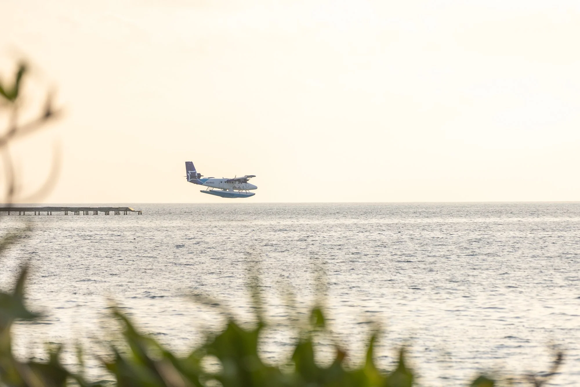 Seaplane descending over the Indian Ocean near a Maldives island resort at sunset.
