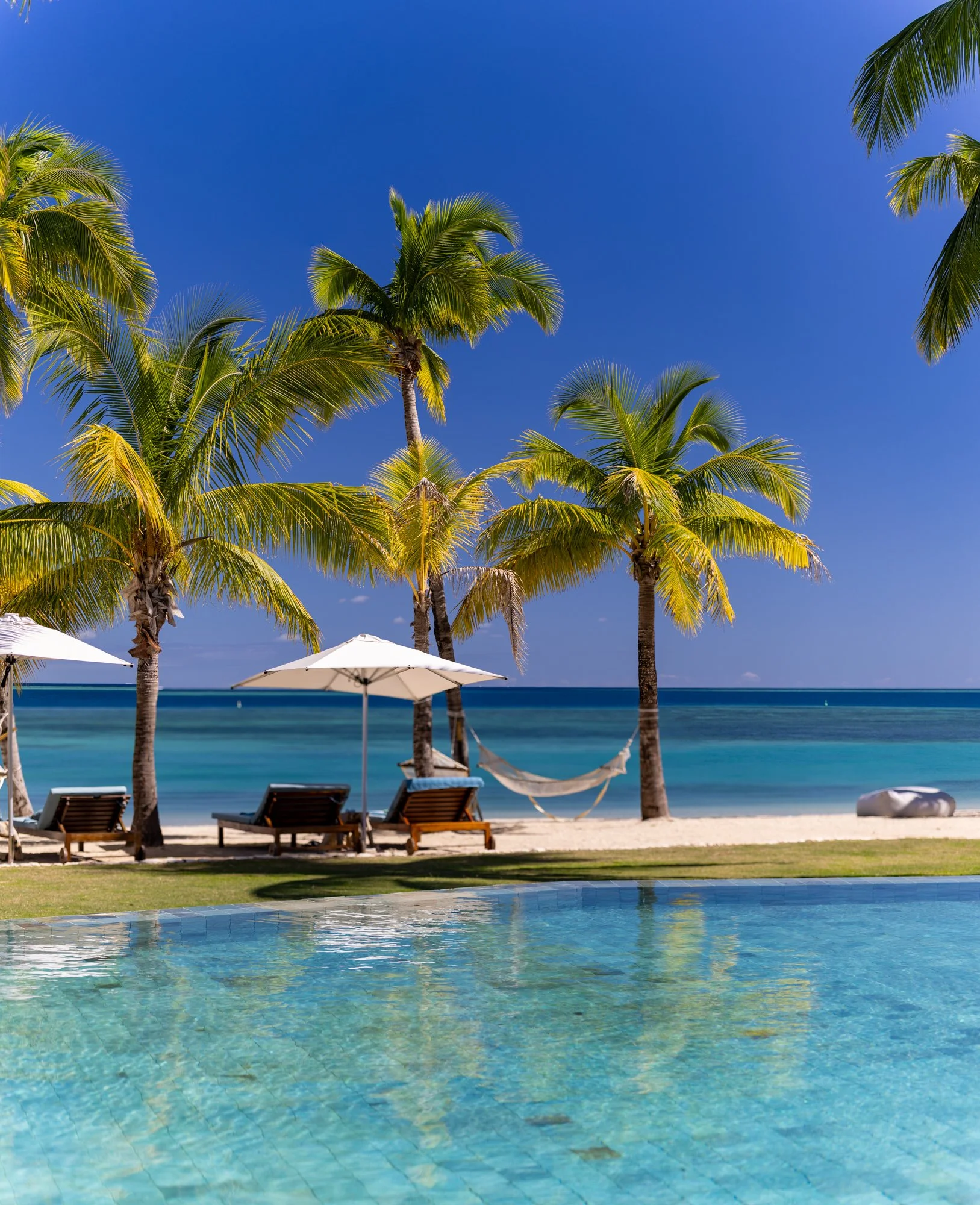 Palm trees, hammocks, and lounge chairs frame a resort pool beside the sea in Fiji.