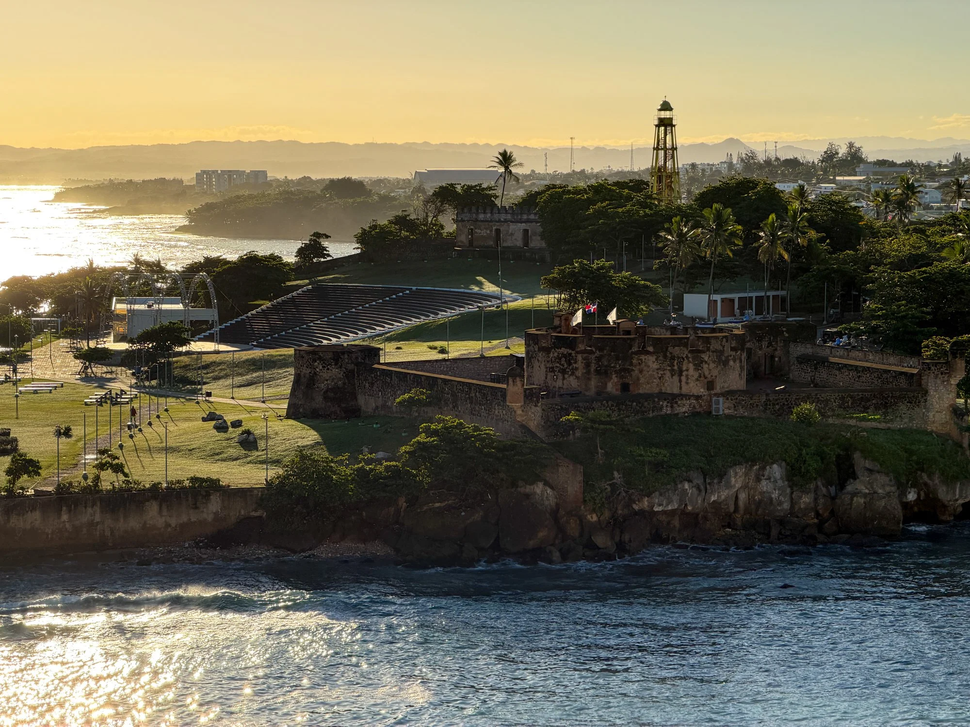Fortaleza San Felipe and Puerto Plata’s waterfront glowing in warm morning light.