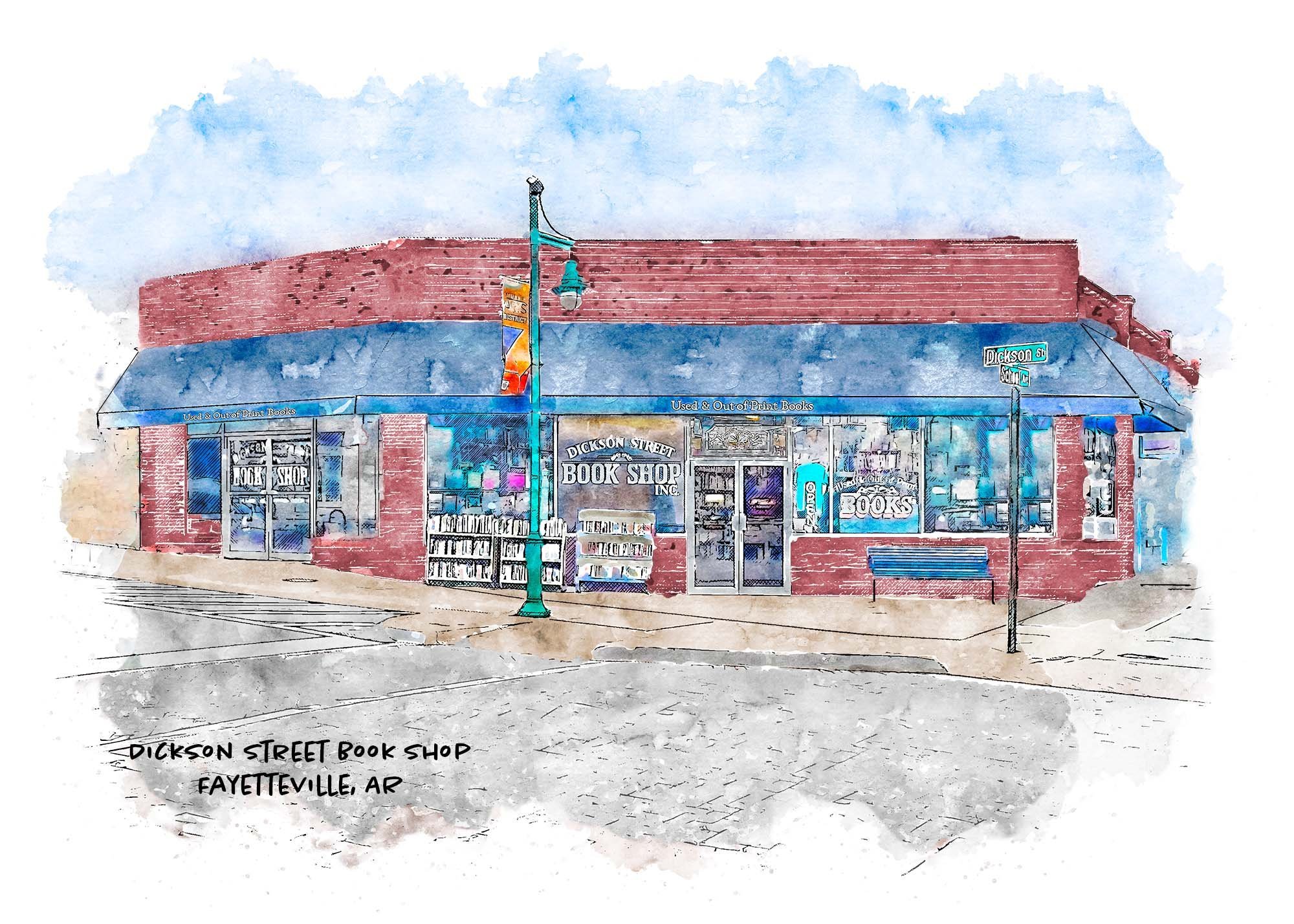Celebrating our 200th design in our #Arkansas #Heritage collection with these two iconic #Fayetteville fixtures:  Dickson Street Bookshop and #Hugo's.  Find these two colorful prints and more from all around Arkansas at The Shops at BrickCity Fayette