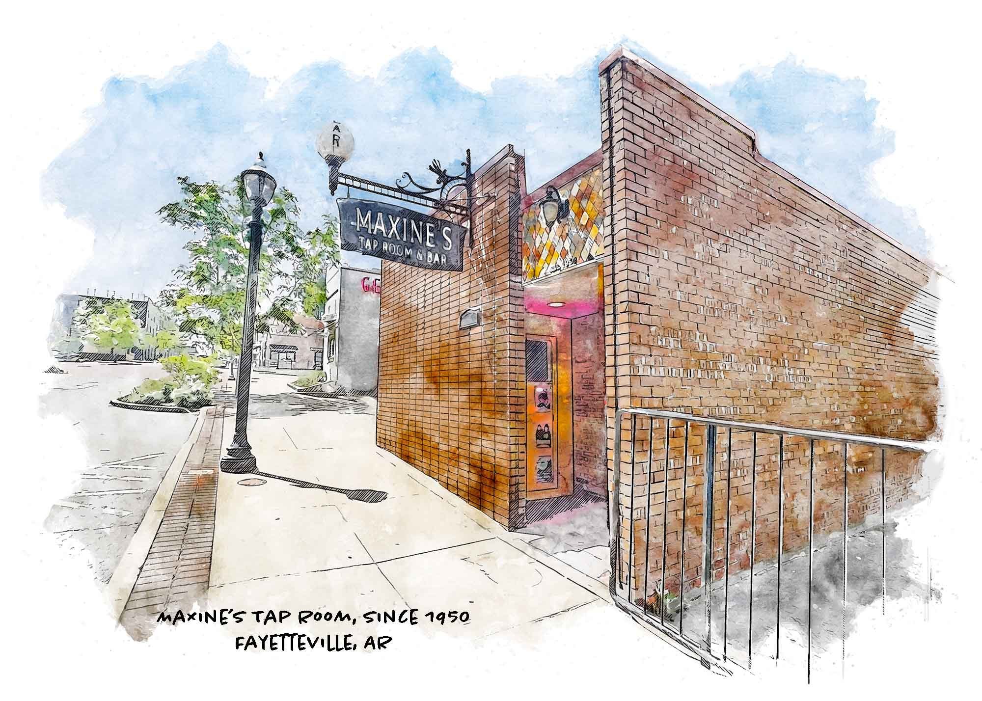 This fantastic print is available online only**. Part of She's Arkansas Heritage Collection, Maxine's Tap Room  is set in a small brick building along N Block Avenue in downtown Fayetteville. Serving up cocktails since 1950, this Fayetteville institu