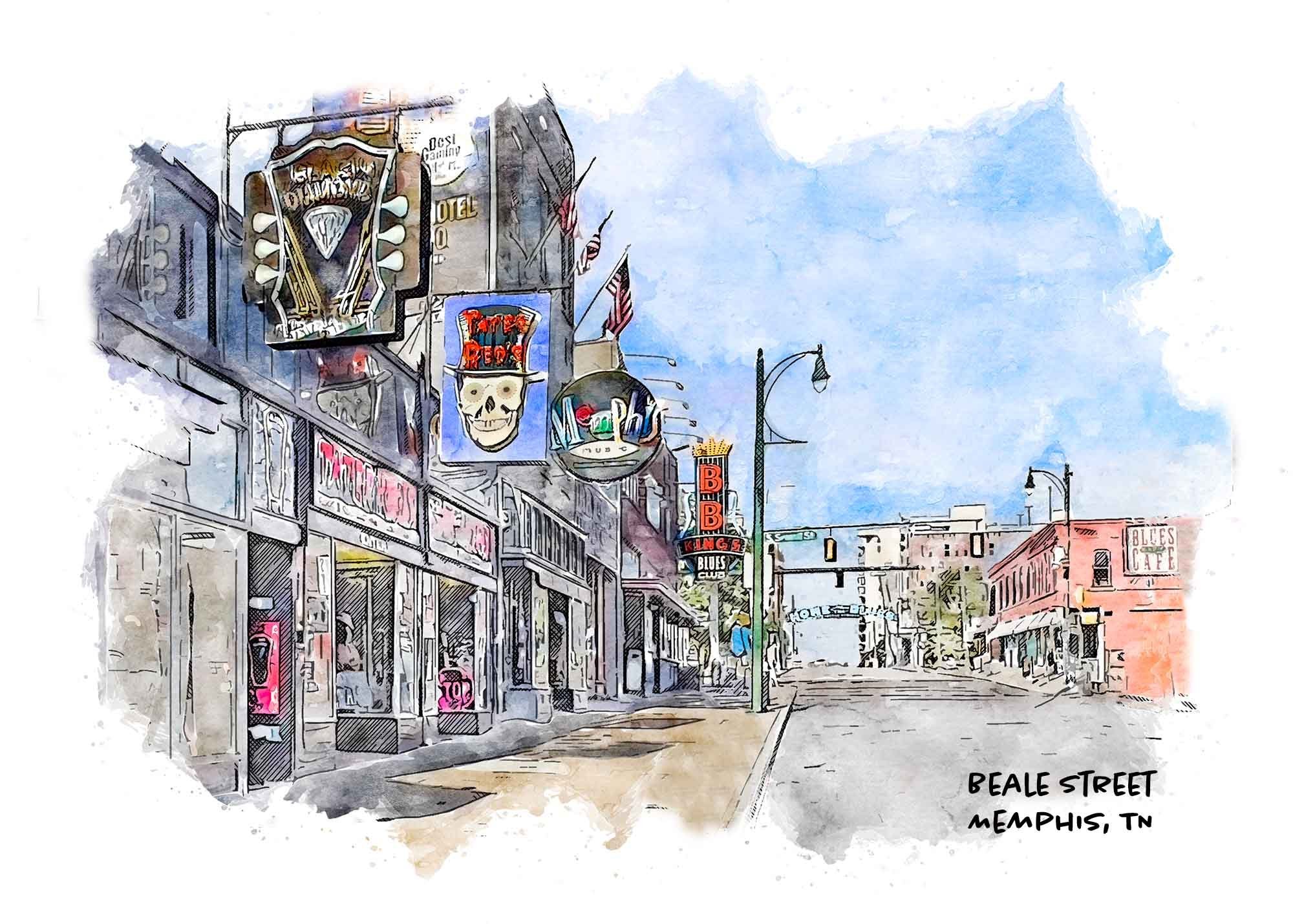 Welcome to beautiful Beale Street in Memphis Tennessee!  Get your souvenir print here or on our Etsy store (SheStudiosArt)  #BealeStreet #bealestreetmemphis #Memphis #souvenir