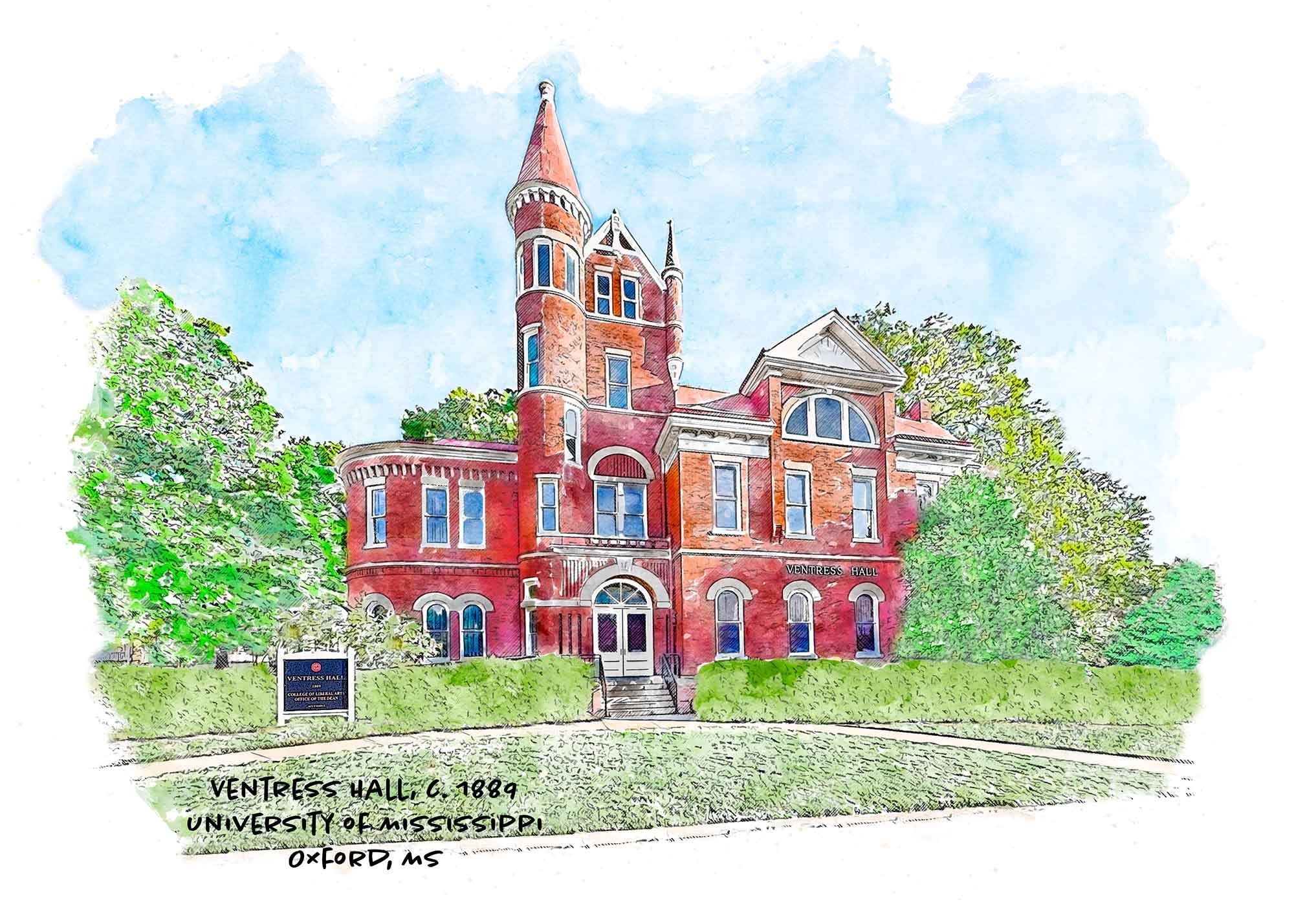 Constructed in 1889, Ventress Hall was the first structure built on the University of Mississippi campus after the civil war. We just added this magnificent structure to our Collegiate prints collection. 
This beautiful print is available in various 