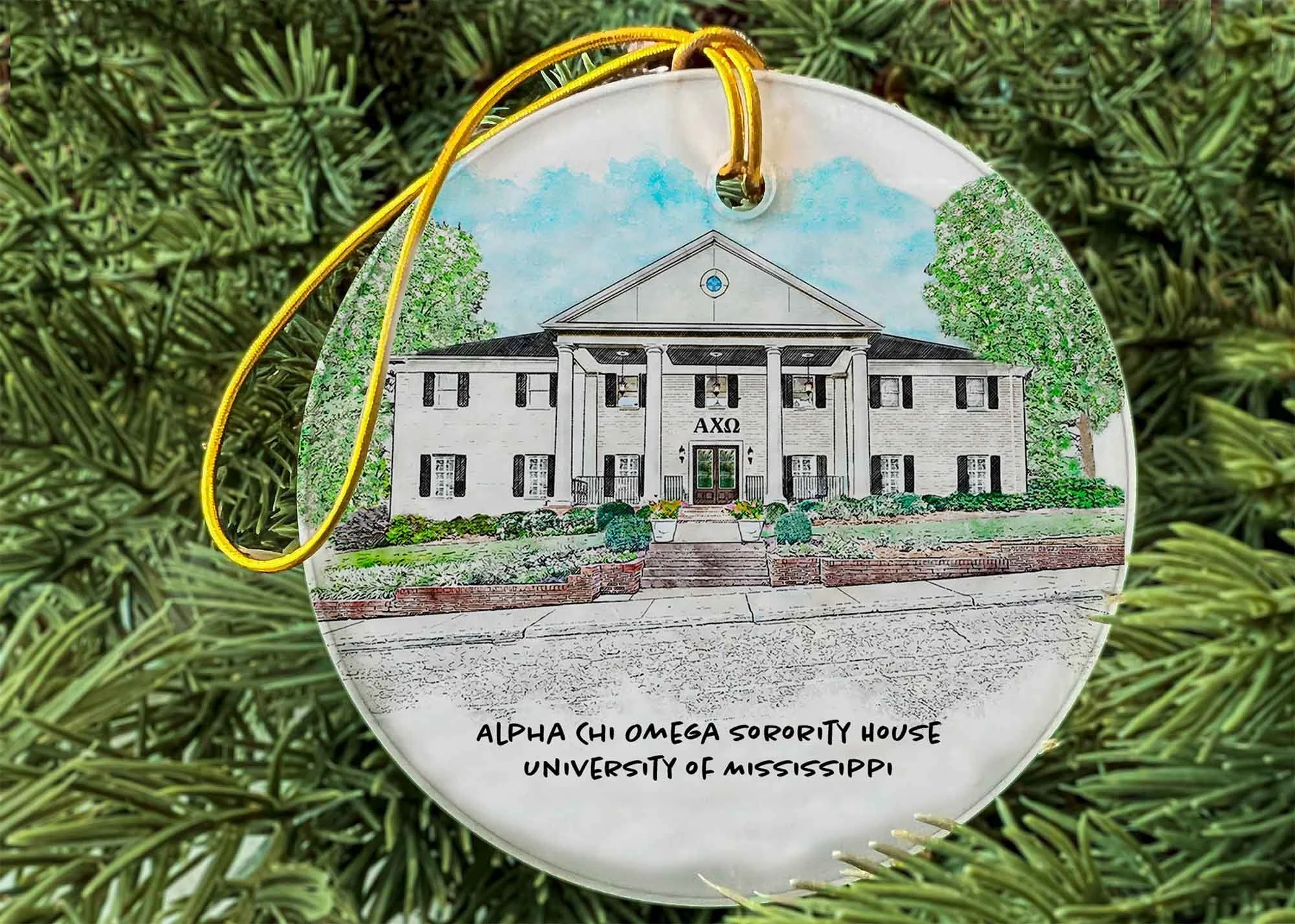 Celebrate your Alpha Chi Omega sisterhood with a richly illustrated art print or ornament featuring the Lambda Pi chapter house at the The University of Mississippi - Ole Miss.  Find these gorgeous prints, and our entire Ole Miss collegiate collectio