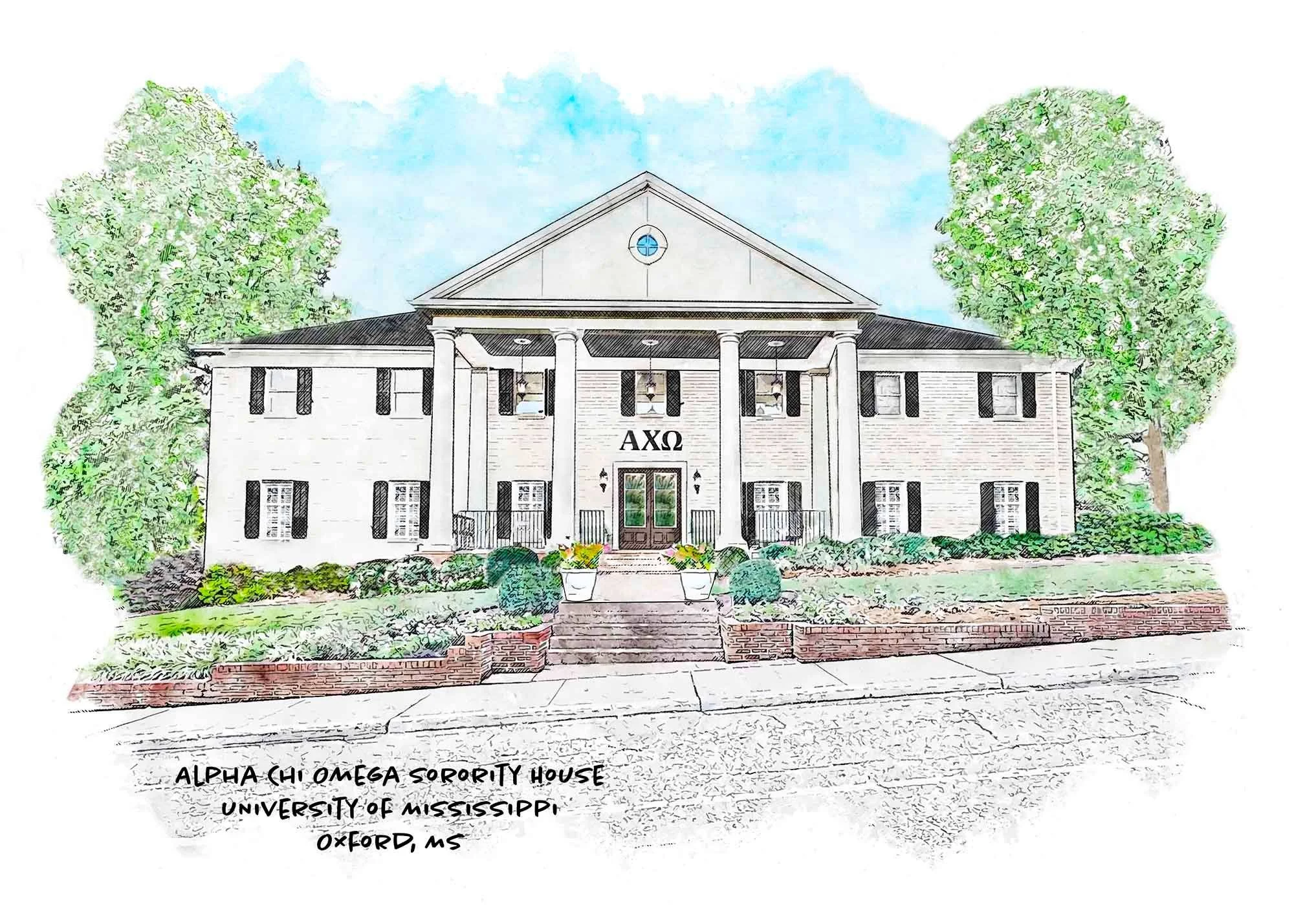 Experience the grandeur of The University of Mississippi - Ole Miss #sorority  houses. Every print tells your unique story. Celebrate your sorority experience with a stunning print from She Studios. Additionally, these designs are available as noteca