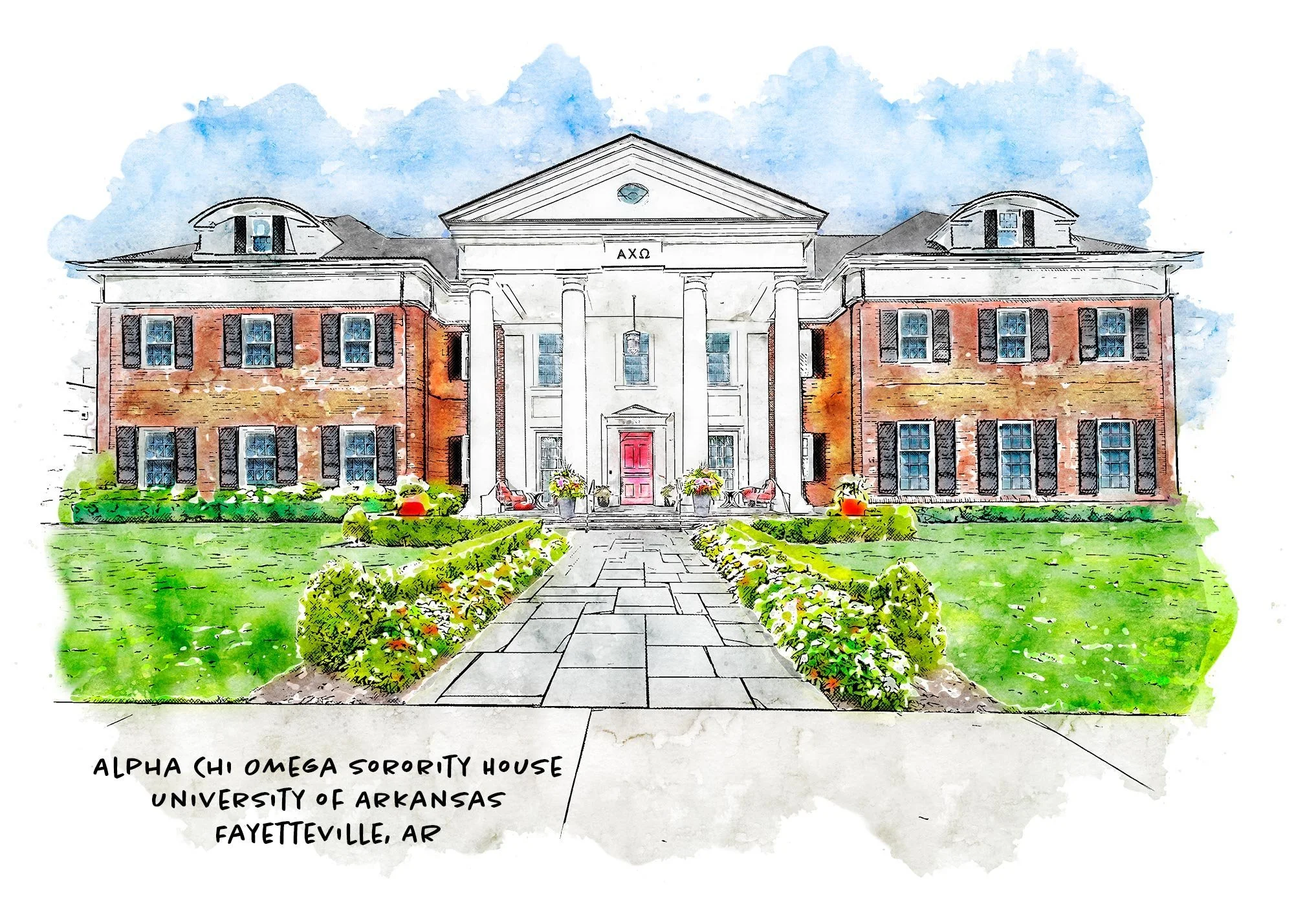 Do you have a daughter going through RUSH ~ SORORITY RECRUITMENT?  Celebrate  this experience with a stunning print from She Studios. Additionally, these designs are available as notecards and ornaments. Browse our comprehensive University of Arkansa