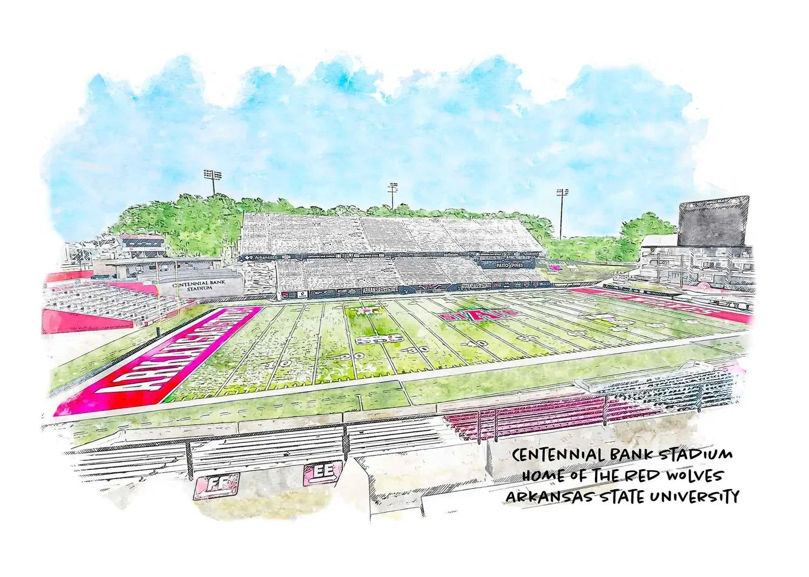 Arkansas State University has been added to our collegiate collection. The first two beautiful art prints are the Reng Student Union and the Centennial Bank Stadium (Home of the Red Wolves). These are available in different sizes and as ornaments.  O