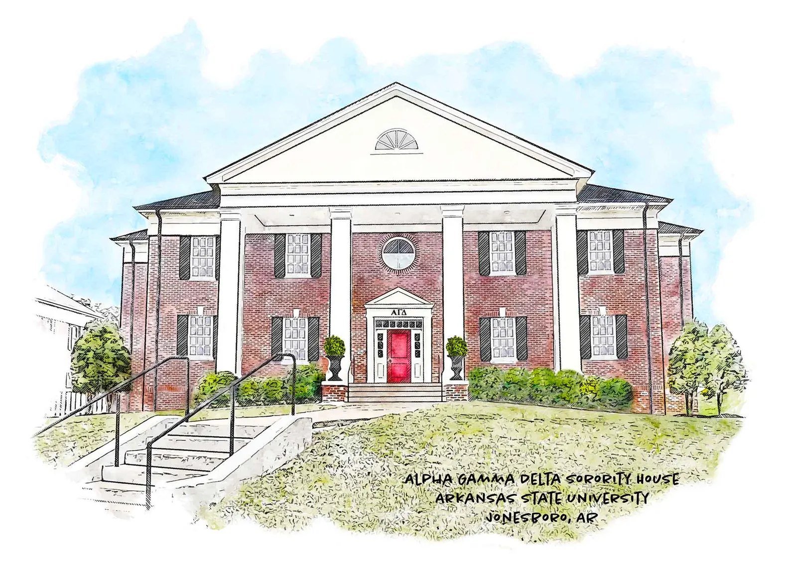 We just added the 5 Arkansas State University #sorority houses to our collegiate collection.  They are Chi Omega, Alpha Omicron Pi, Alpha Gamma Delta, Zeta Tau Alpha and Delta Zeta.  These prints and #ornaments make perfect gifts.  Order yours today 