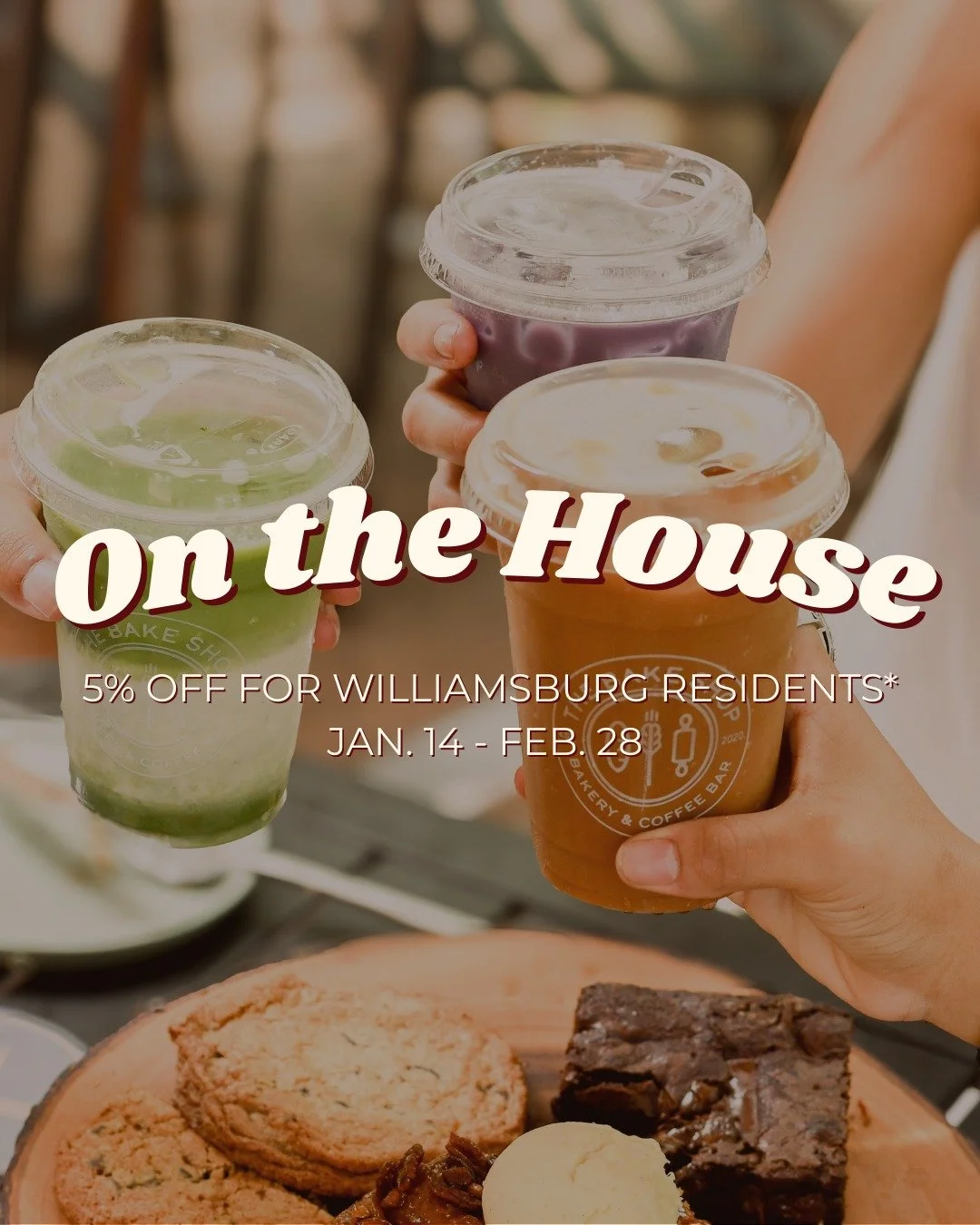 In light of the recent increase in Williamsburg's meal tax, we'd like to make your visit to us a little sweeter.

Thru February 28, we're taking 5% off orders for our neighbors!* Thanks for waking up with us, warming up with us, and sticking with us.