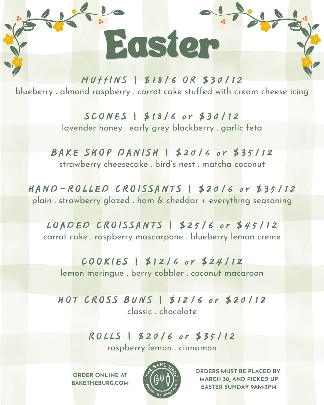 Jellybeans are NOT ENOUGH. We are now taking orders for Easter on baketheburg.com!! 🐰

All orders must be placed by Monday, March 30 at 3pm, for pickup on Easter Sunday 9am-3pm.