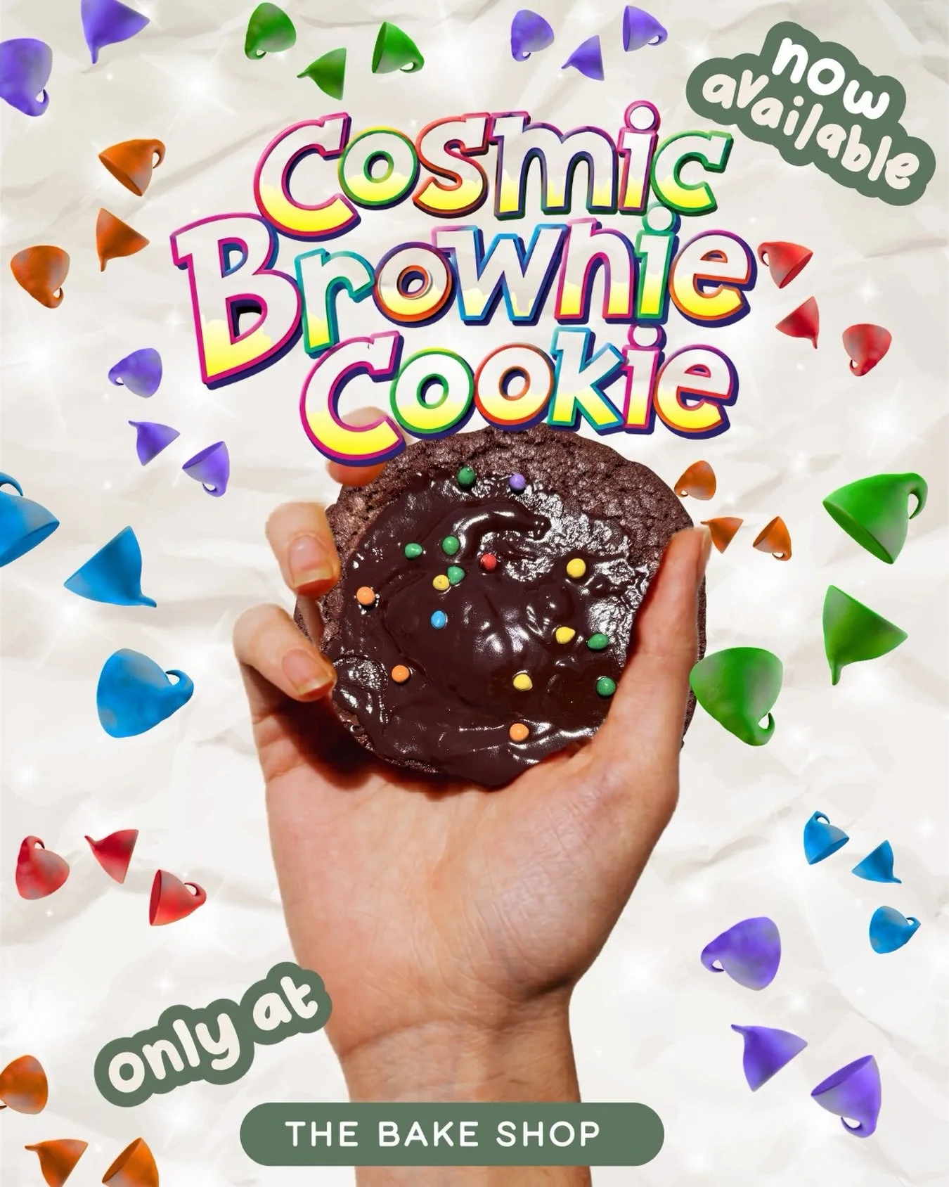 NOW BAKING: Cosmic Brownie Cookies 🪐

A freshly baked chocolate cookie topped chocolate icing and rainbow chocolate chips 🍪🌈

all i gotta say is, you just have to come in and get one before they sell out for the day because OH MY GOSH ARE THEY GOO