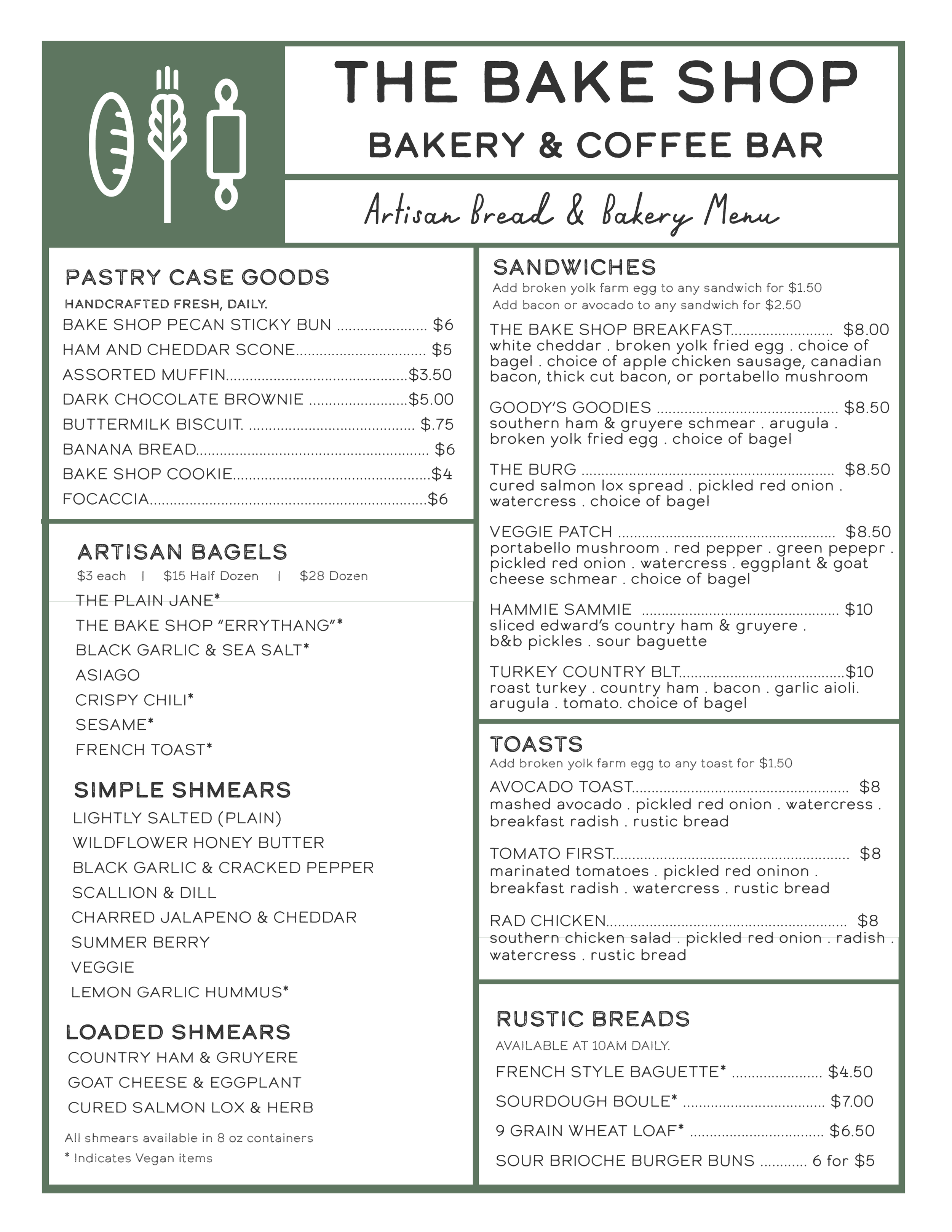 BAKERY MENU — THE BAKE SHOP WILLIAMSBURG'S PREMIER ARTISAN BAKERY