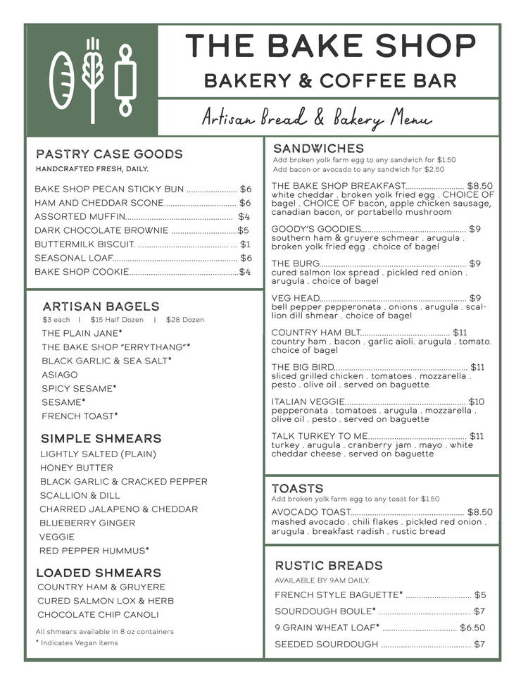 BAKERY MENU — THE BAKE SHOP WILLIAMSBURG'S PREMIER ARTISAN BAKERY