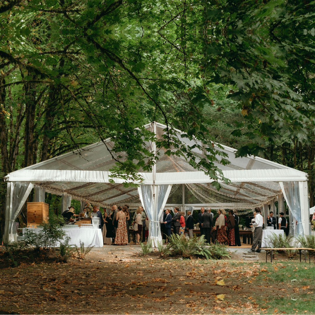 People gather under a white tent decorated with string lights at an outdoor event surrounded by trees.