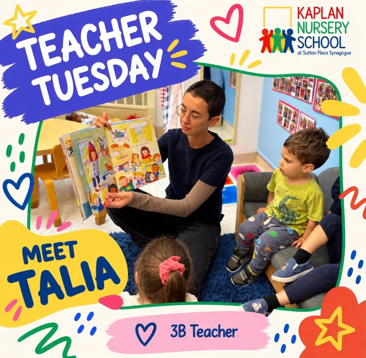 💙 Teacher Tuesday: Meet Talia!

Please join us in welcoming Talia, one of the newest members of the Kaplan Nursery School community and 3B Teacher! Talia loves working with young children because they invite us to slow down, be present, and enjoy th