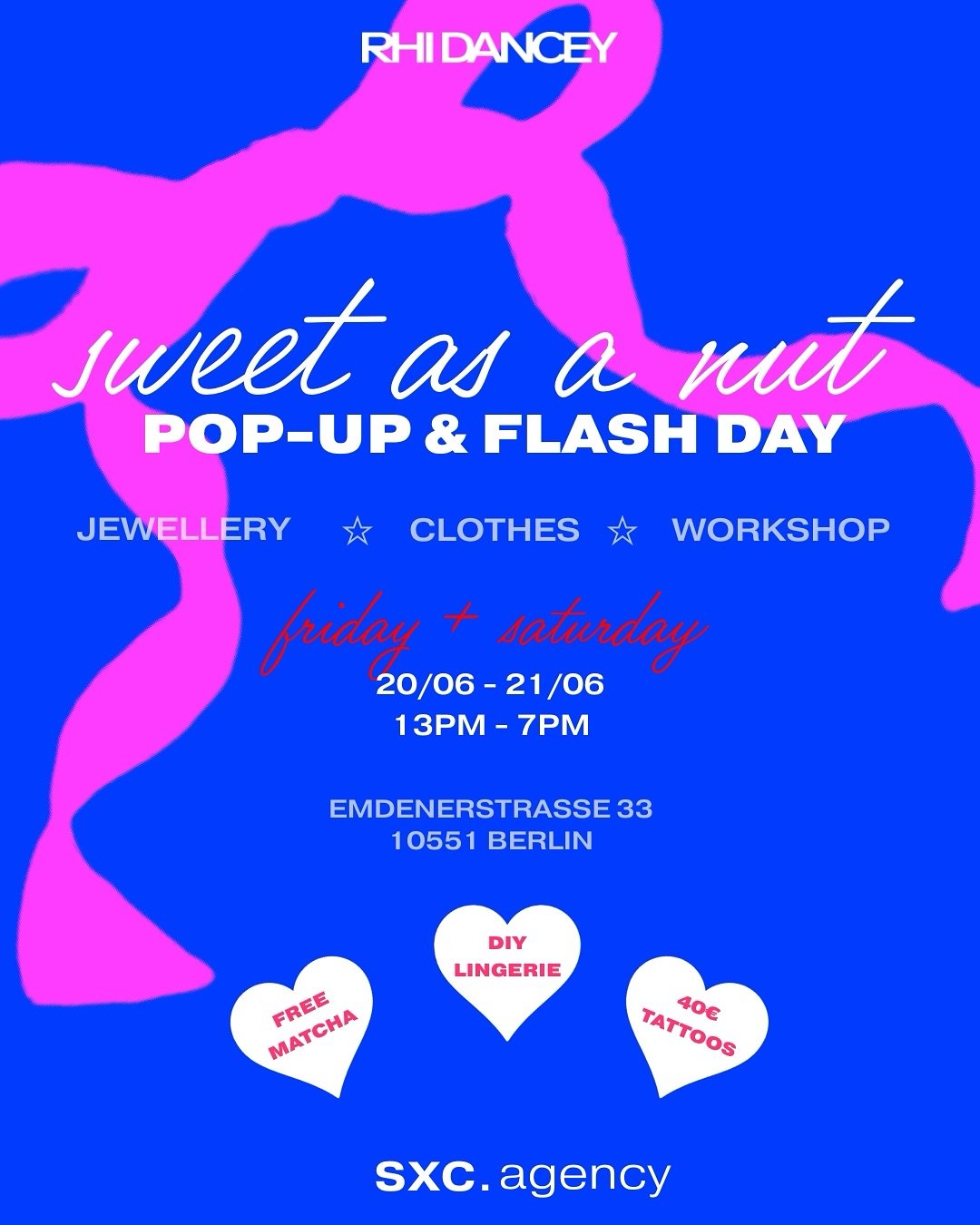 Hey BERLIN cuties it&rsquo;s POP-UP time!!

Join us on Friday the 20th &amp; Saturday the 21st at SXC Studio for some super cute treats 🎀

🌟 Tattoos flash by @sweet.as.a.nut starting at 40&euro;
🌟 Freshly stocked @rhidancey with new pieces 
🌟 Fre