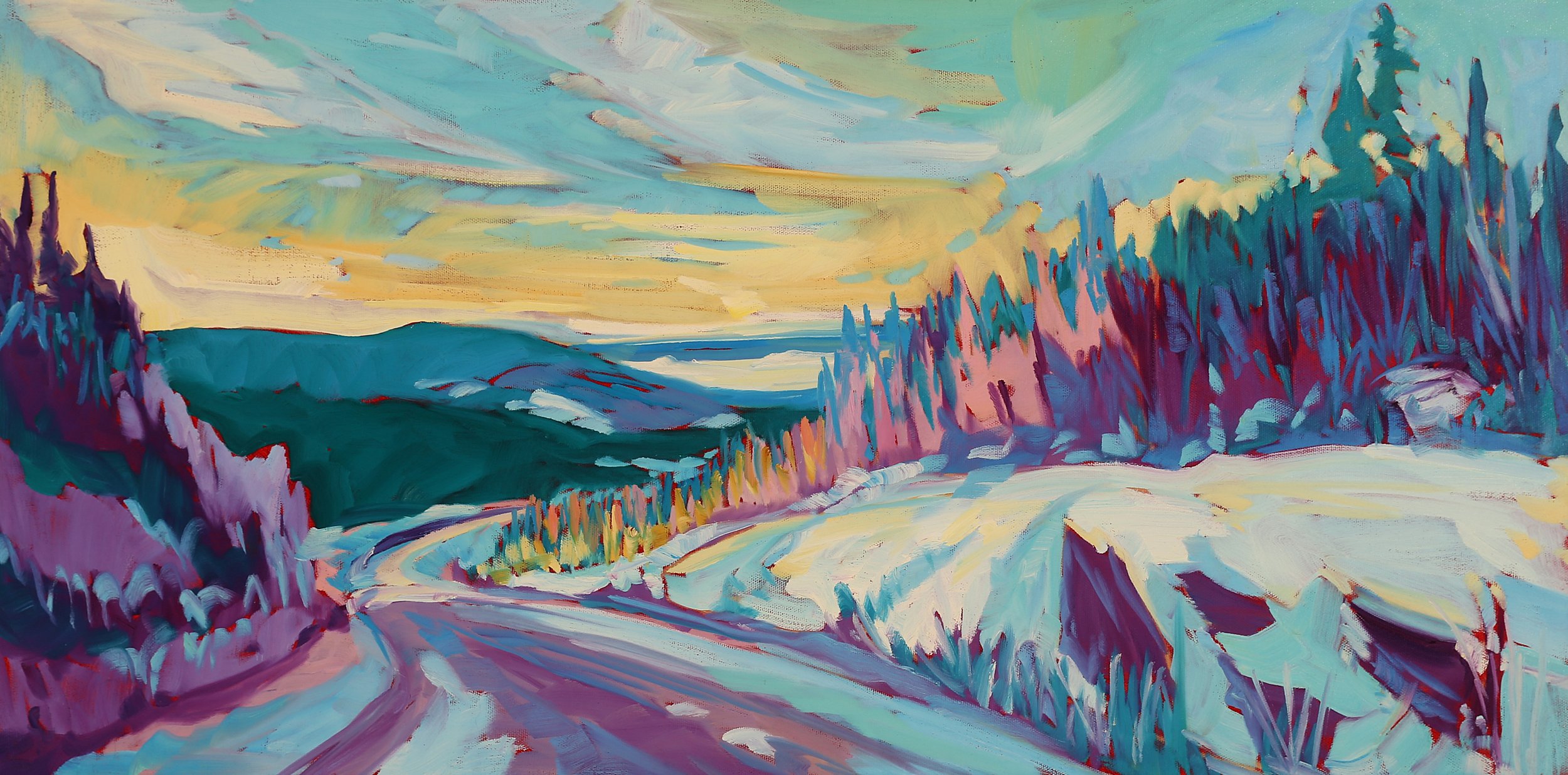 Winding Road, oil on canvas, 15x30", $800.