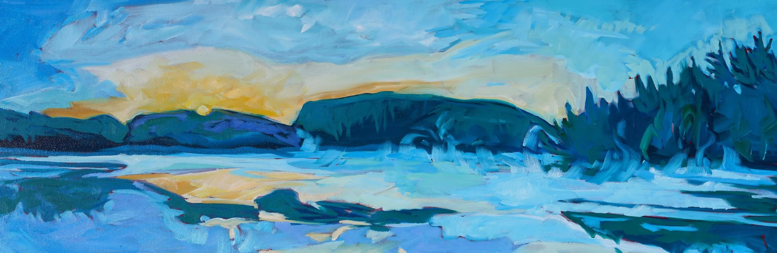 Rising Mist with Sunrise, 12x36”, $1200.