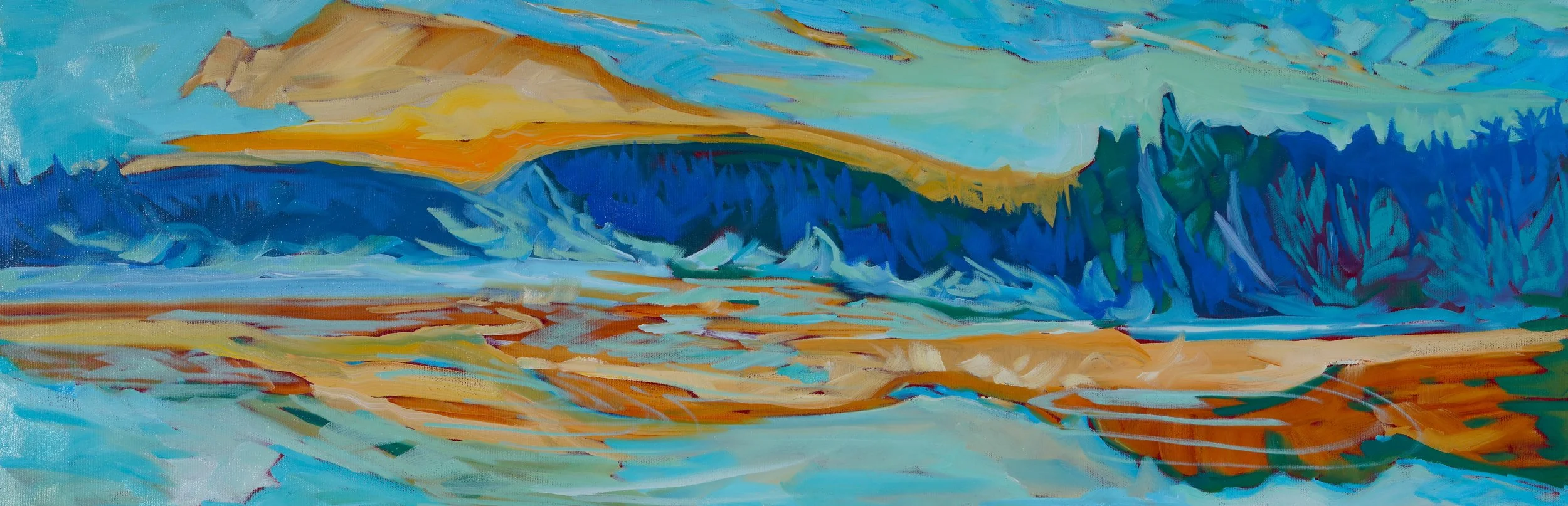 Misty Sunrise, Tatler Lake, 12x36”, $1200.
