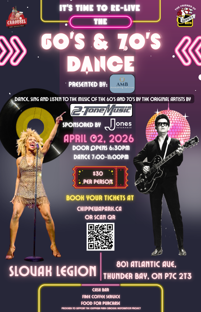 Promotional poster for a disco dance event themed around the 80s and 70s, taking place on April 2, 2026, at the Thunder Bay Chippewa Park Carousel. Features images of a woman singing and a man playing guitar, with neon lights, music symbols, and event details including ticket price, time, and location.