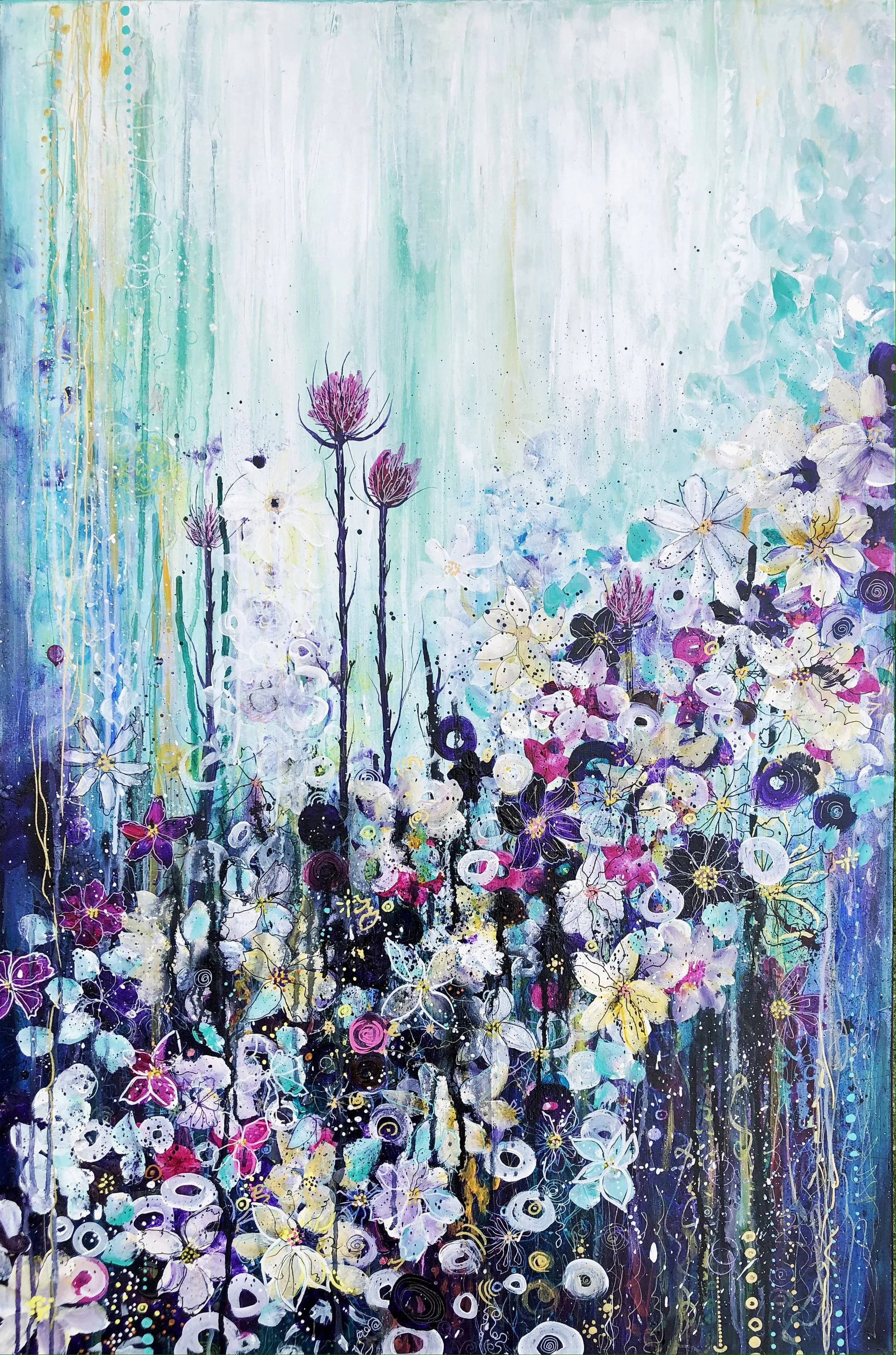 This painting was selected to be part of the 2023 Bryn Du Art show — A juried exhibition. I was honored to have this piece in the show.

Mixed Media on stretched canvas - ink, acrylic, india ink, gold foil, alcohol ink, pastels, pen.

36 x 24 x 1.5

