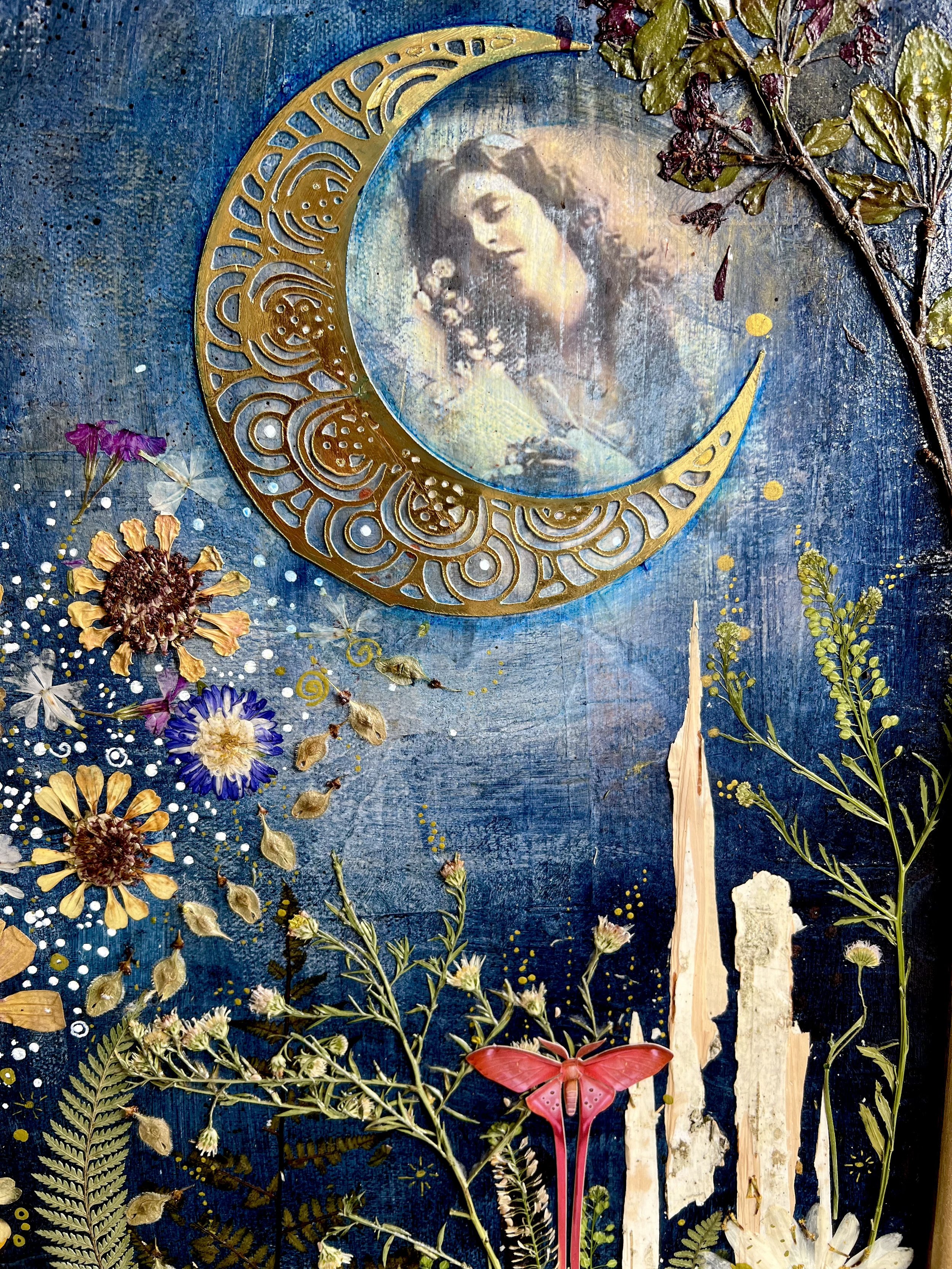Woman on moon sending beam of flowers into a garden below.