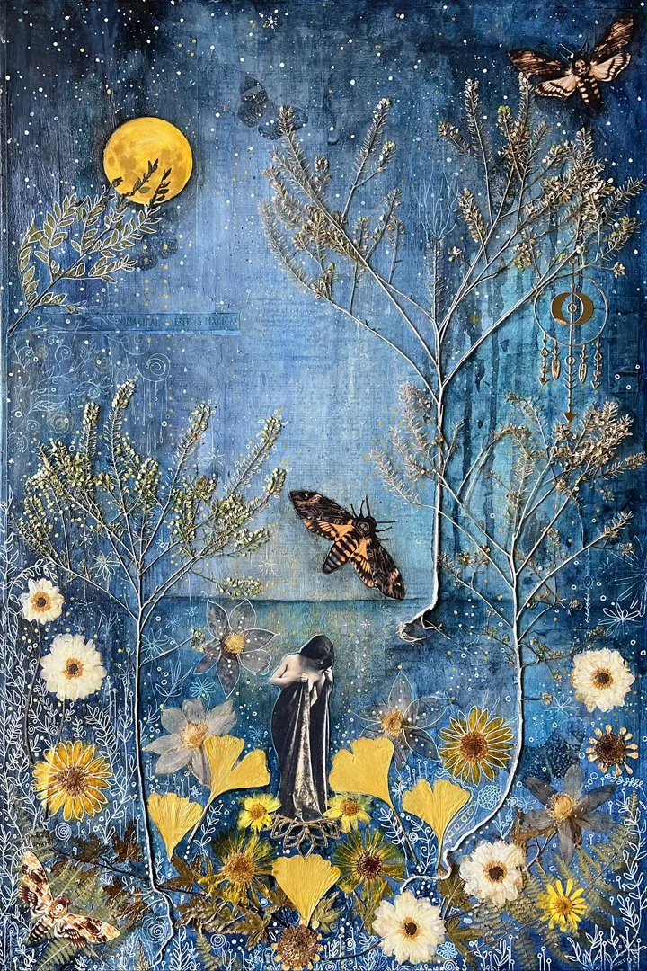 Maiden of the Moths at Moonlight, 20x30 mixed media collage on stretched canvas. NFS)