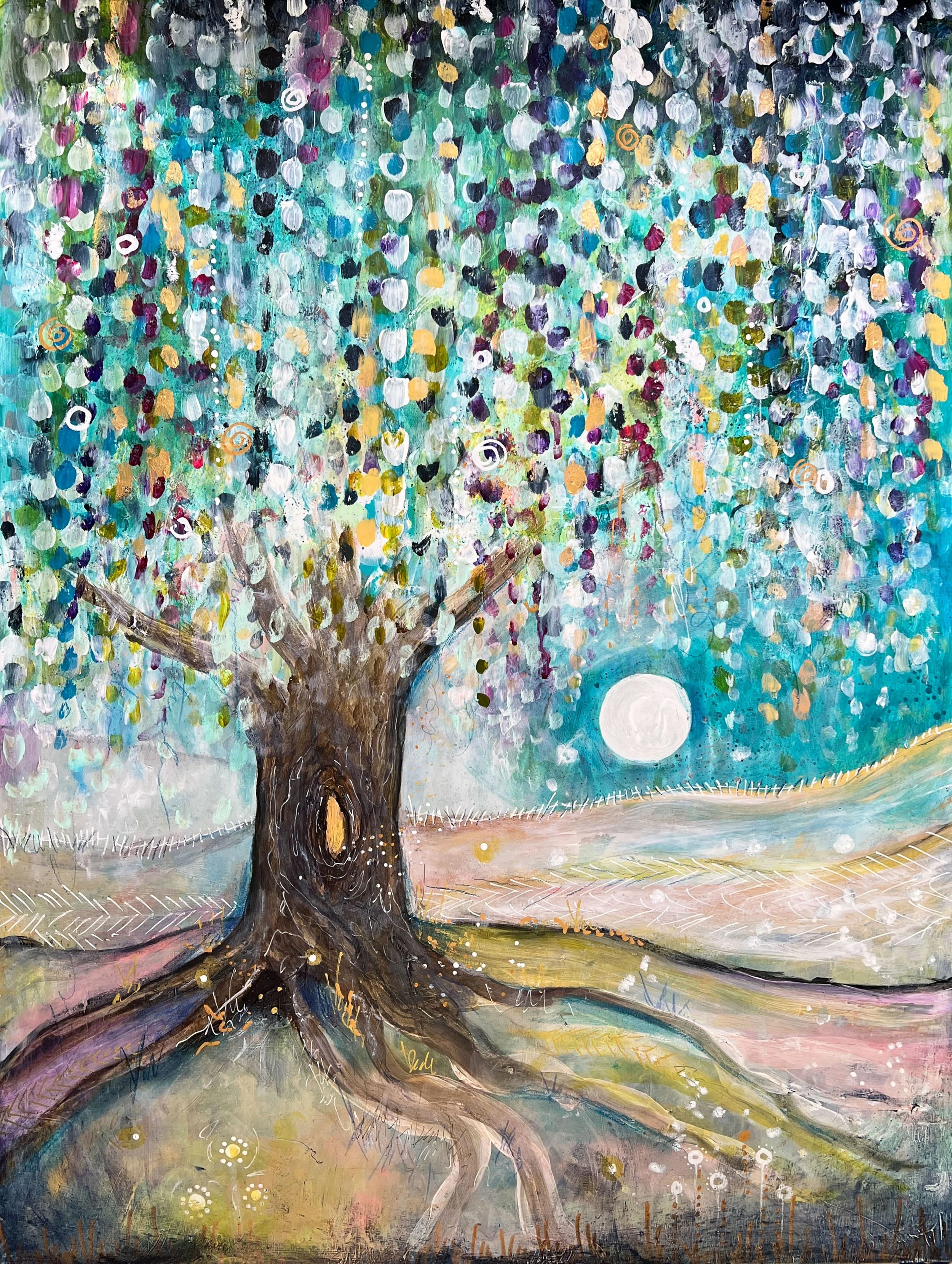 "LIGHT OF THE WILLOW" A rainbow of leaves fall like gems from the Willow, alight in it’s glory and wisdom. Offering sweetness and a place to open your heart and listen. 

Acrylic + Ink on Wood, 18x24 inches