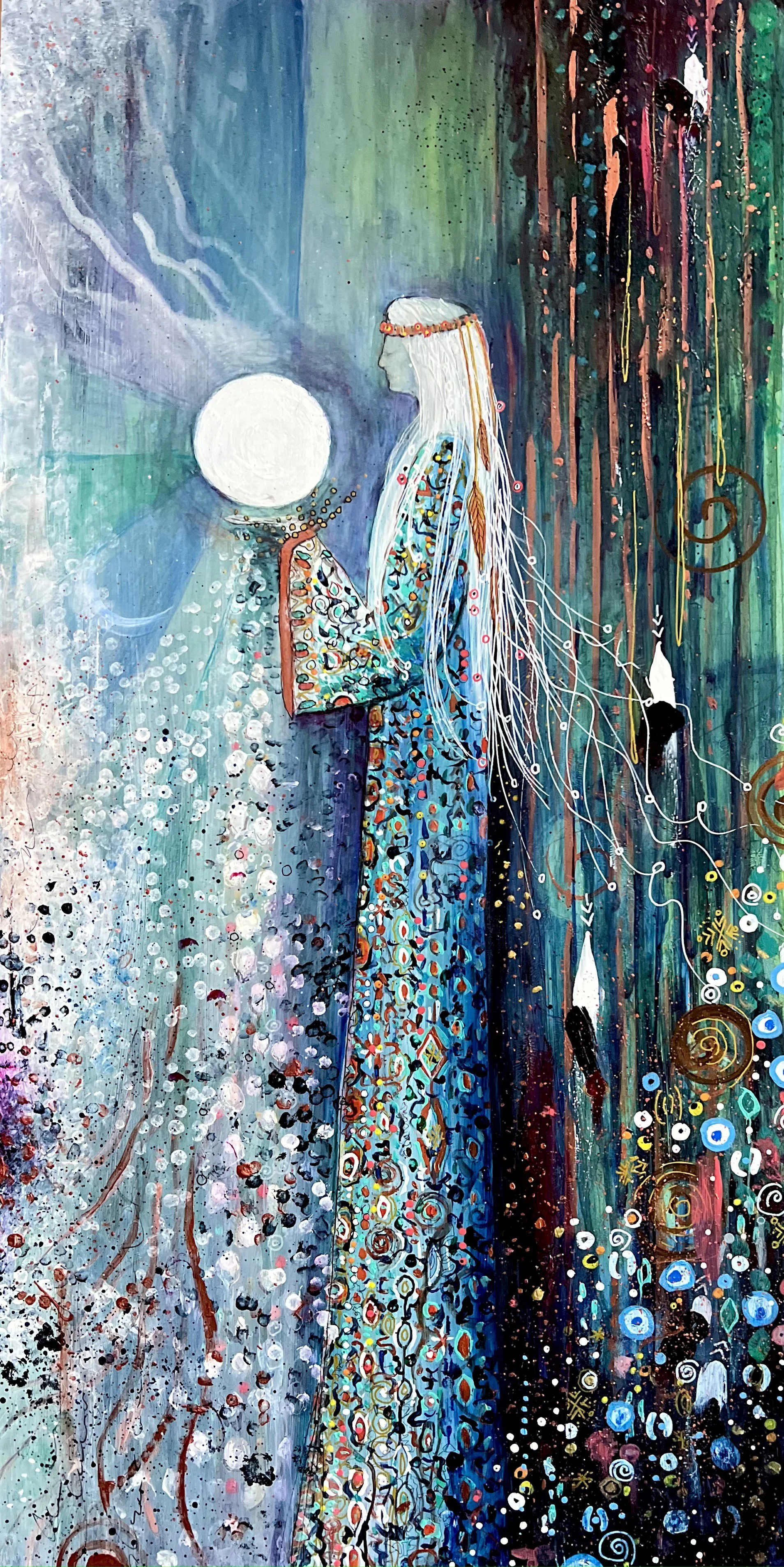 The Silent Dance of Living Light, 12x24 Mixed Media Painting on Wood  