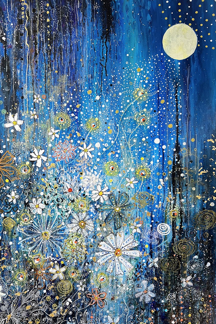 Night Washed Blooms,
24x36 Mixed Media on Stretched Canvas (NFS)