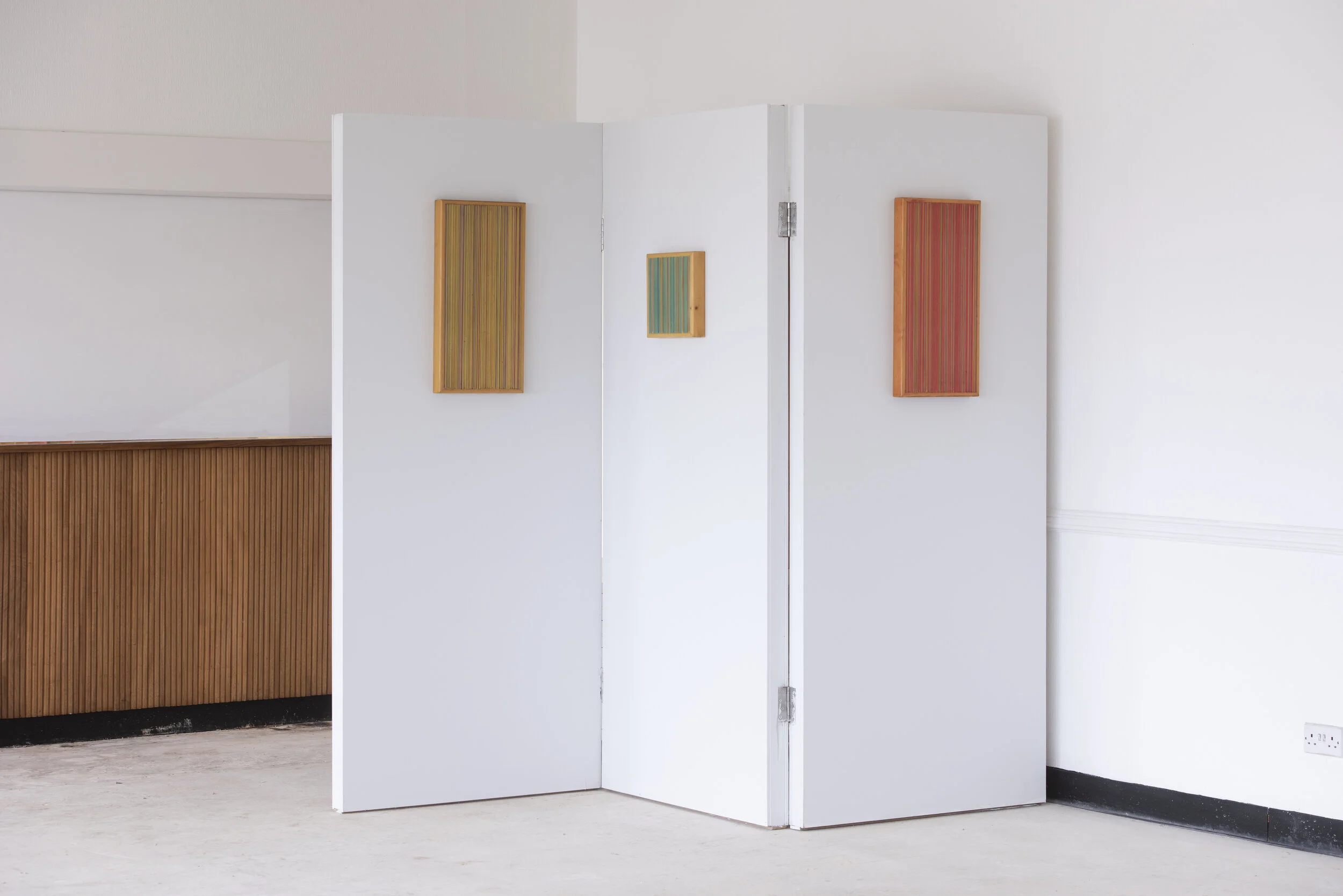 Left: (Lines) This Is Yellow (SOLD)  Right: (Lines) This Is Red, Pigment, Biro, Varnish, Plaster, Plasterboard, Wood, 2006
Photograph by Colin Davison
(Single work) Donation of £900 +
