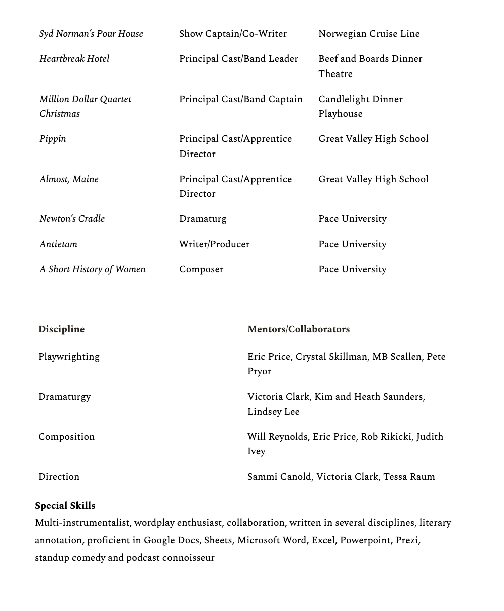 A continuation of Benjamin Nurthen's academic resume. A detailed program or lineup schedule listing theatrical productions, roles, venues, and collaborators, including actors, musicians, and directors for a stage event.